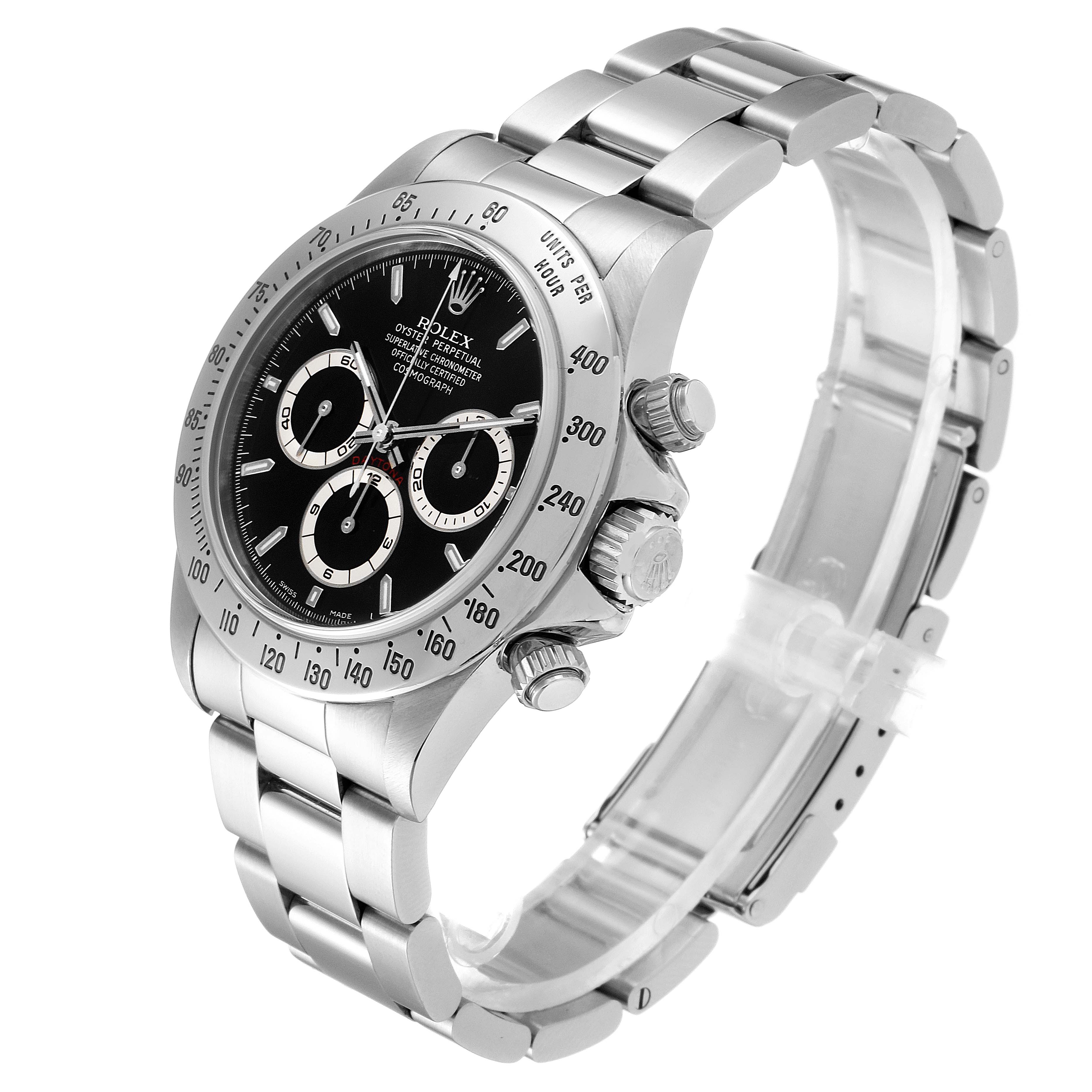 This image shows a side view of a Rolex Daytona 16520 Men's Stainless Steel Black Dial 16520 Men's Stainless Steel Black Dial watch, highlighting its case, bezel, chronograph pushers, and bracelet.