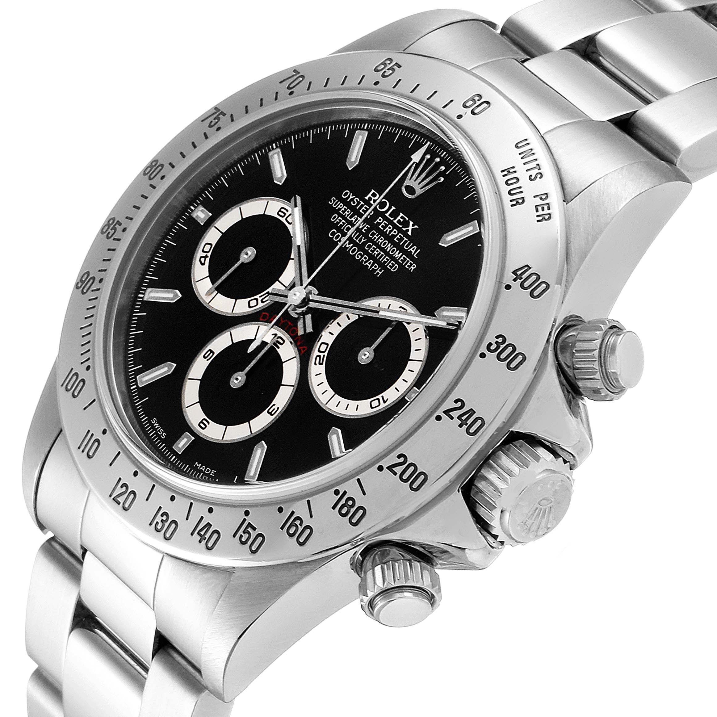 This image shows a close-up view of the Rolex Daytona 16520 Men's Stainless Steel Black Dial 16520 Men's Stainless Steel Black Dial watch, highlighting its black dial, bezel, and crown.