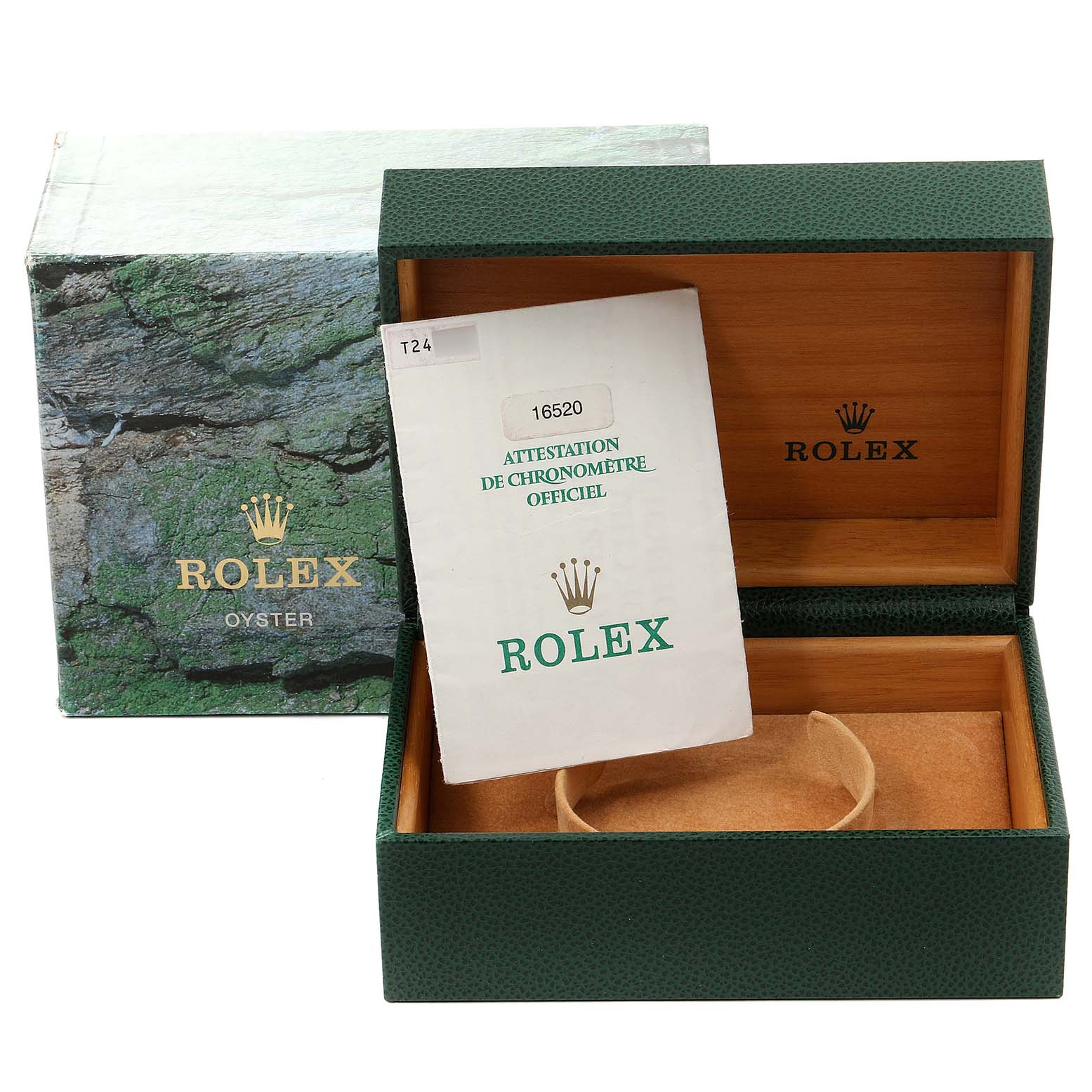 The image shows a Rolex Daytona 16520 Men's Stainless Steel Black Dial 16520 Men's Stainless Steel Black Dial watch box, outer packaging, and an official chronometer certification document.