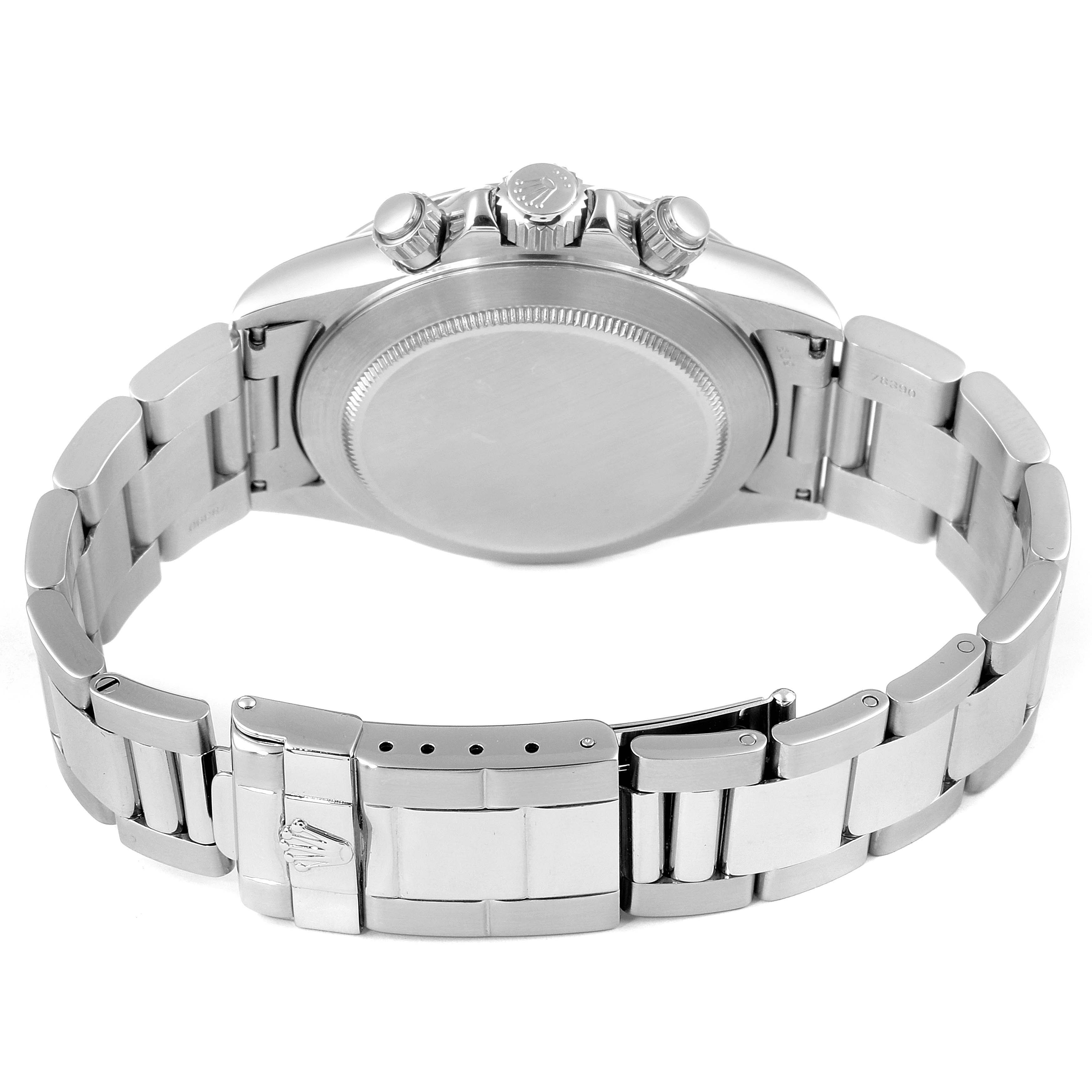 The image shows the back view of a Rolex Daytona 16520 Men's Stainless Steel Black Dial 16520 Men's Stainless Steel Black Dial watch, highlighting the case back, crown, pushers, and bracelet clasp.