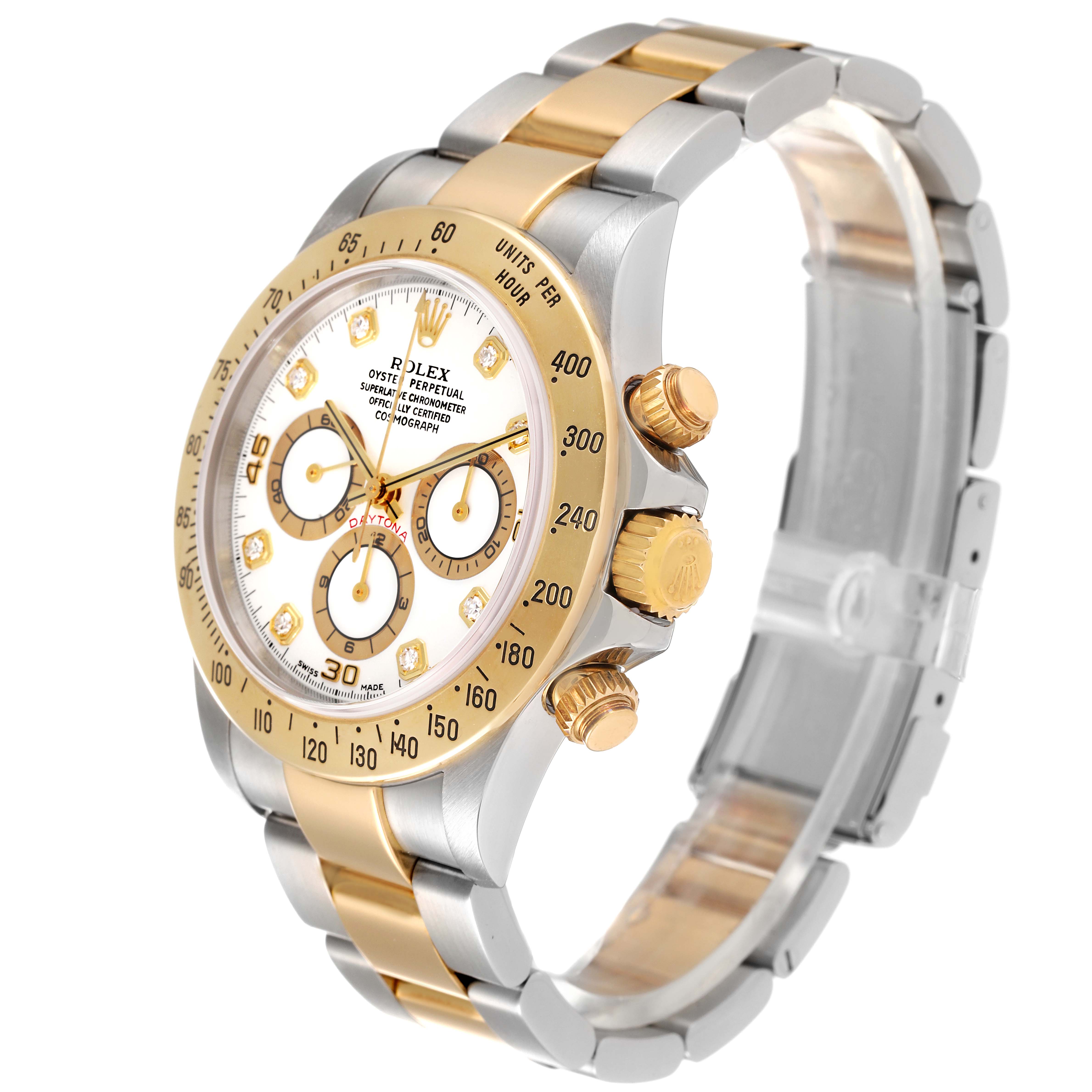 The image shows a Rolex Daytona 16523 Men's Steel and Gold (two tone) White Dial 16523 Men's Steel and Gold (two tone) White Dial watch at a three-quarter angle, highlighting the face, bezel, crown, and bracelet.