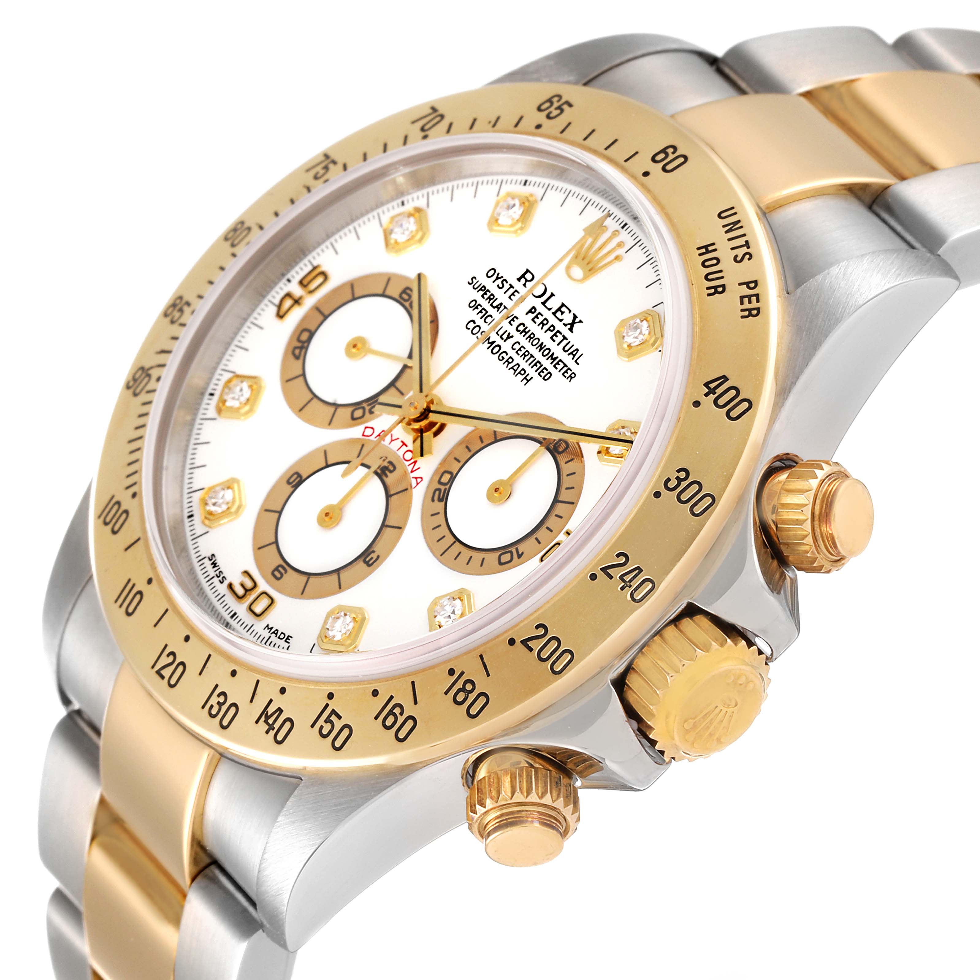 The image shows a close-up angle of a Rolex Daytona 16523 Men's Steel and Gold (two tone) White Dial 16523 Men's Steel and Gold (two tone) White Dial watch, highlighting the bezel, dial, crown, and pushers.