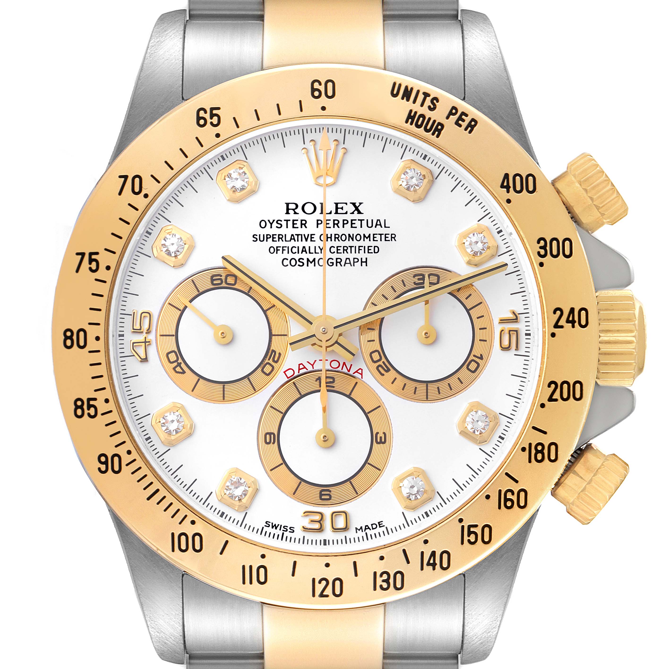 The Rolex Daytona 16523 Men's Steel and Gold (two tone) White Dial 16523 Men's Steel and Gold (two tone) White Dial watch is shown from a front angle, highlighting its gold bezel, chronograph subdials, and diamond hour markers.