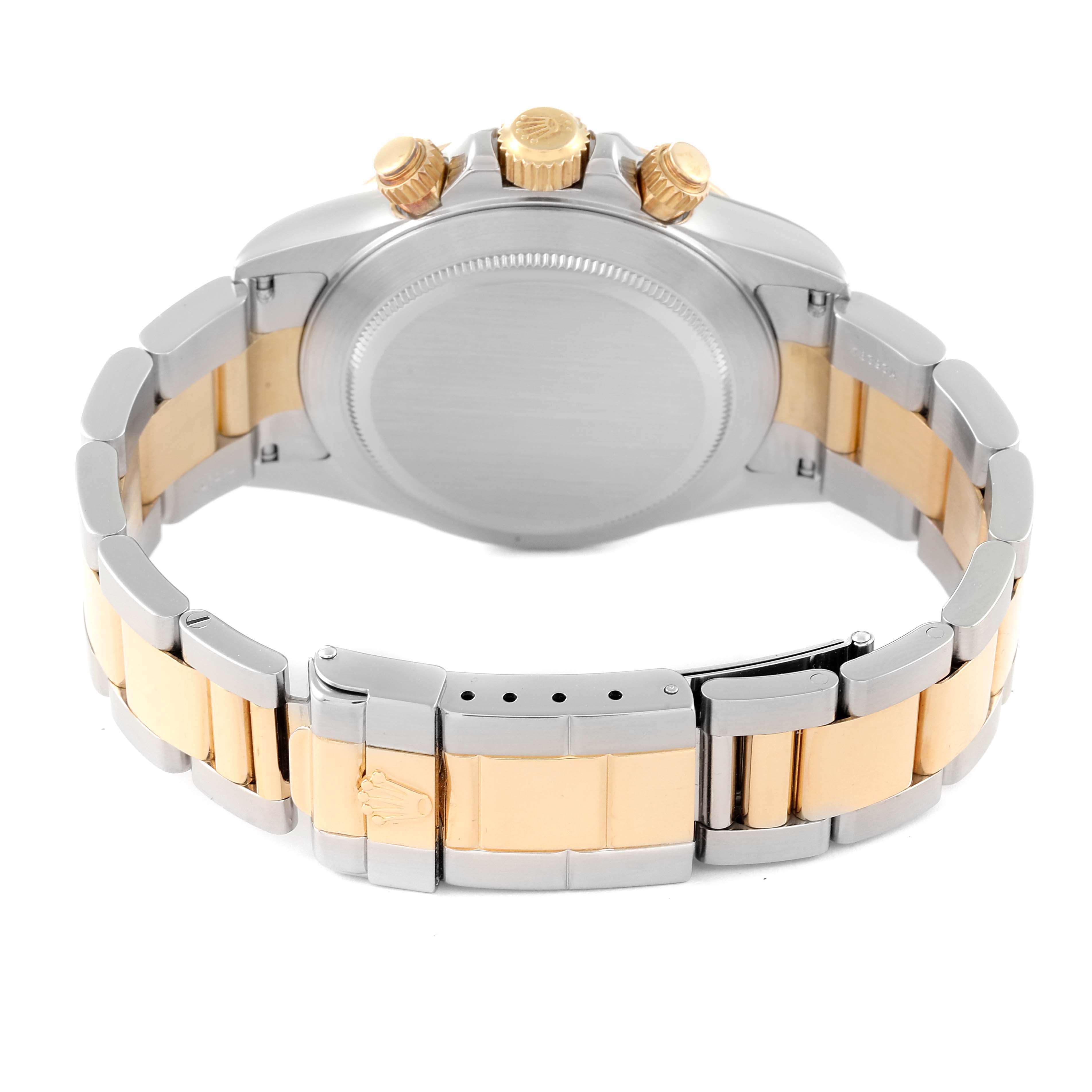 The image shows the back view of a Rolex Daytona 16523 Men's Steel and Gold (two tone) White Dial 16523 Men's Steel and Gold (two tone) White Dial watch, highlighting the case back, bracelet, and gold crown.