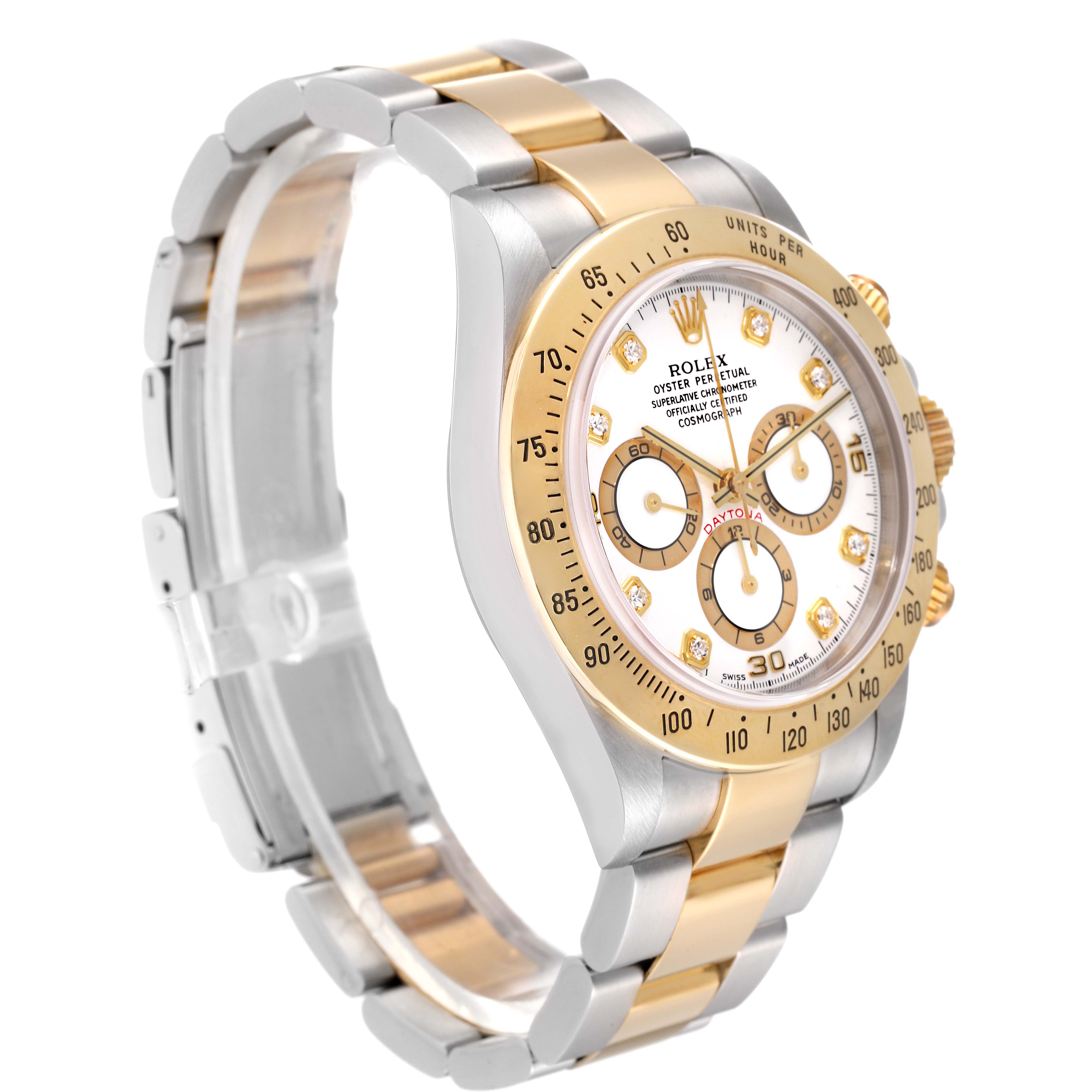 This image shows a side view of a Rolex Daytona 16523 Men's Steel and Gold (two tone) White Dial 16523 Men's Steel and Gold (two tone) White Dial watch, highlighting its bracelet, crown, and chronograph dials.