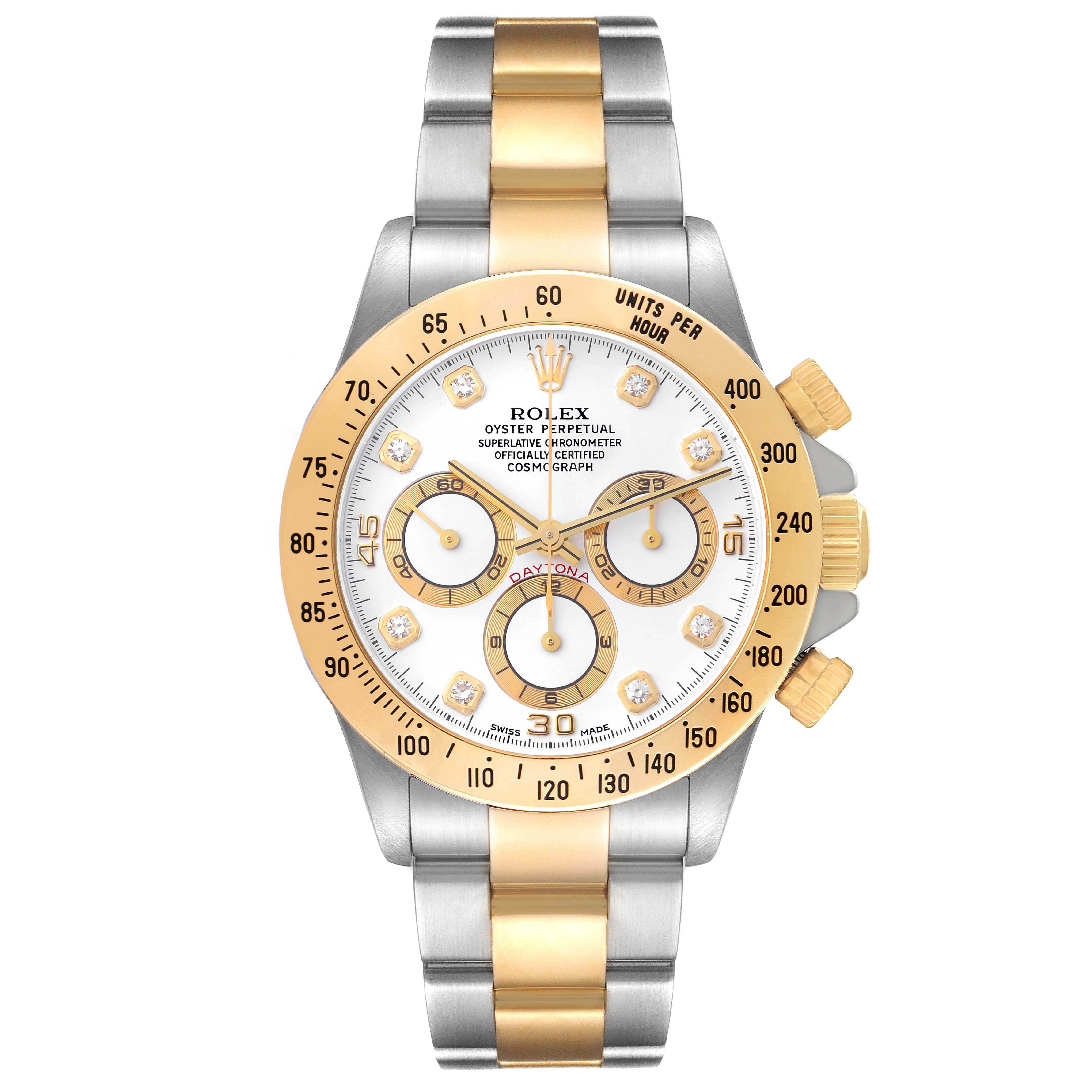 The image shows the front view of a Rolex Daytona 16523 Men's Steel and Gold (two tone) White Dial 16523 Men's Steel and Gold (two tone) White Dial watch, featuring a gold and silver bracelet and a white dial with gold accents.