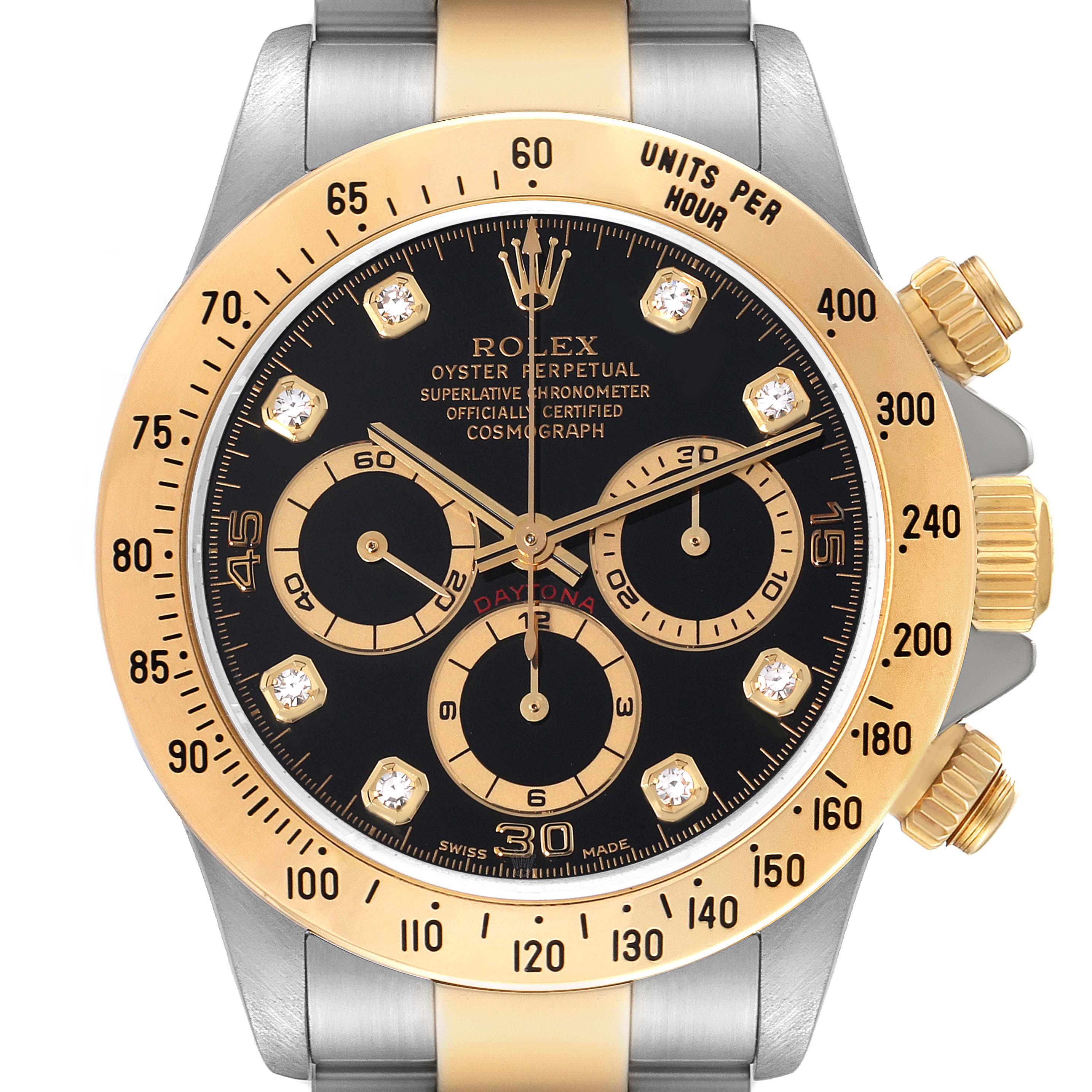 This front-facing shot showcases the face and bezel of a Rolex Daytona 16523G Men
s Steel and Gold (two tone) Black Dial 16523G Men
s Steel and Gold (two tone) Black Dial watch, highlighting its black dial and gold accents.
