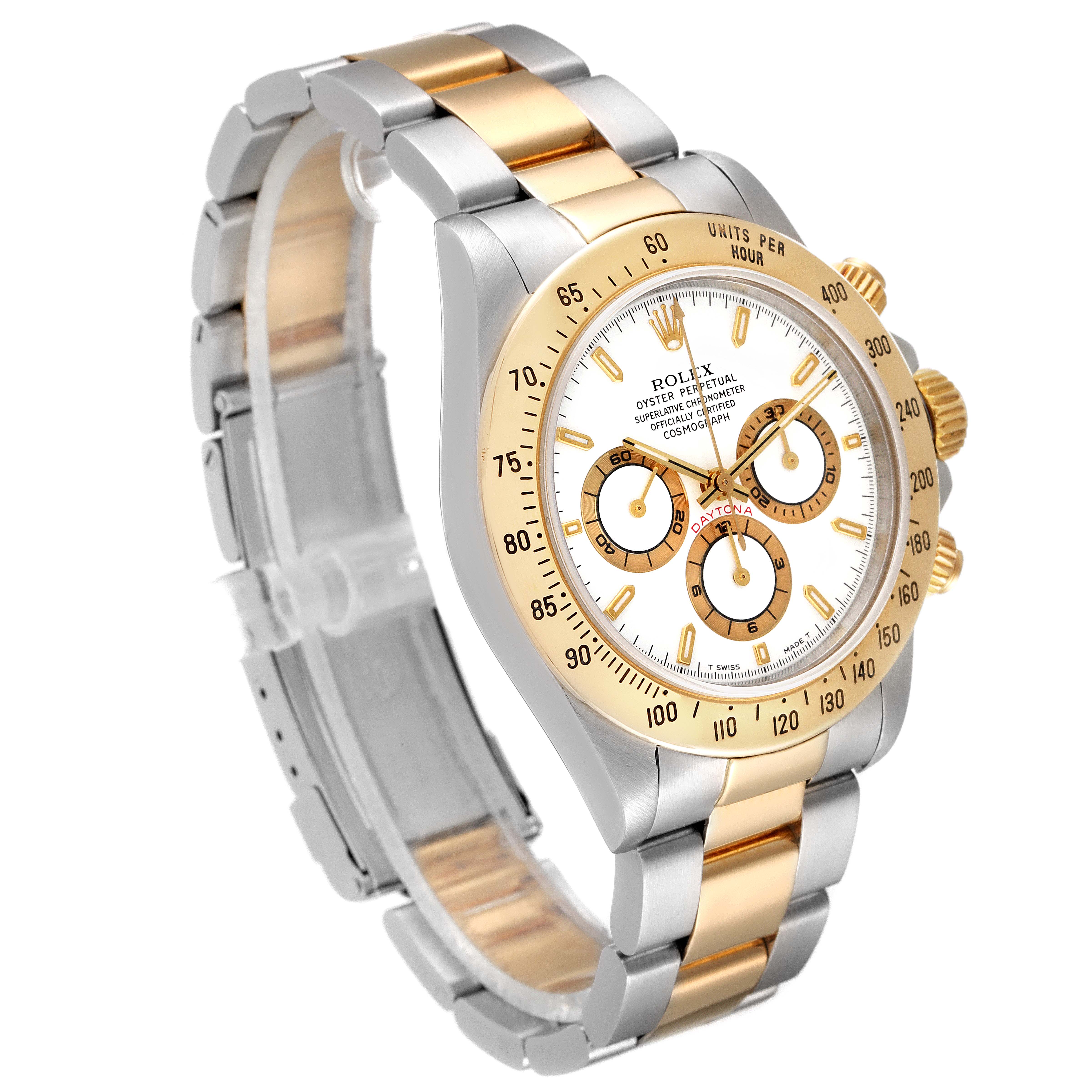 This image shows a side and front angle of the Rolex Daytona 16523 Men
s Steel and Gold (two tone) White Dial 16523 Men
s Steel and Gold (two tone) White Dial watch, highlighting its two-tone metal bracelet and chronograph dials.