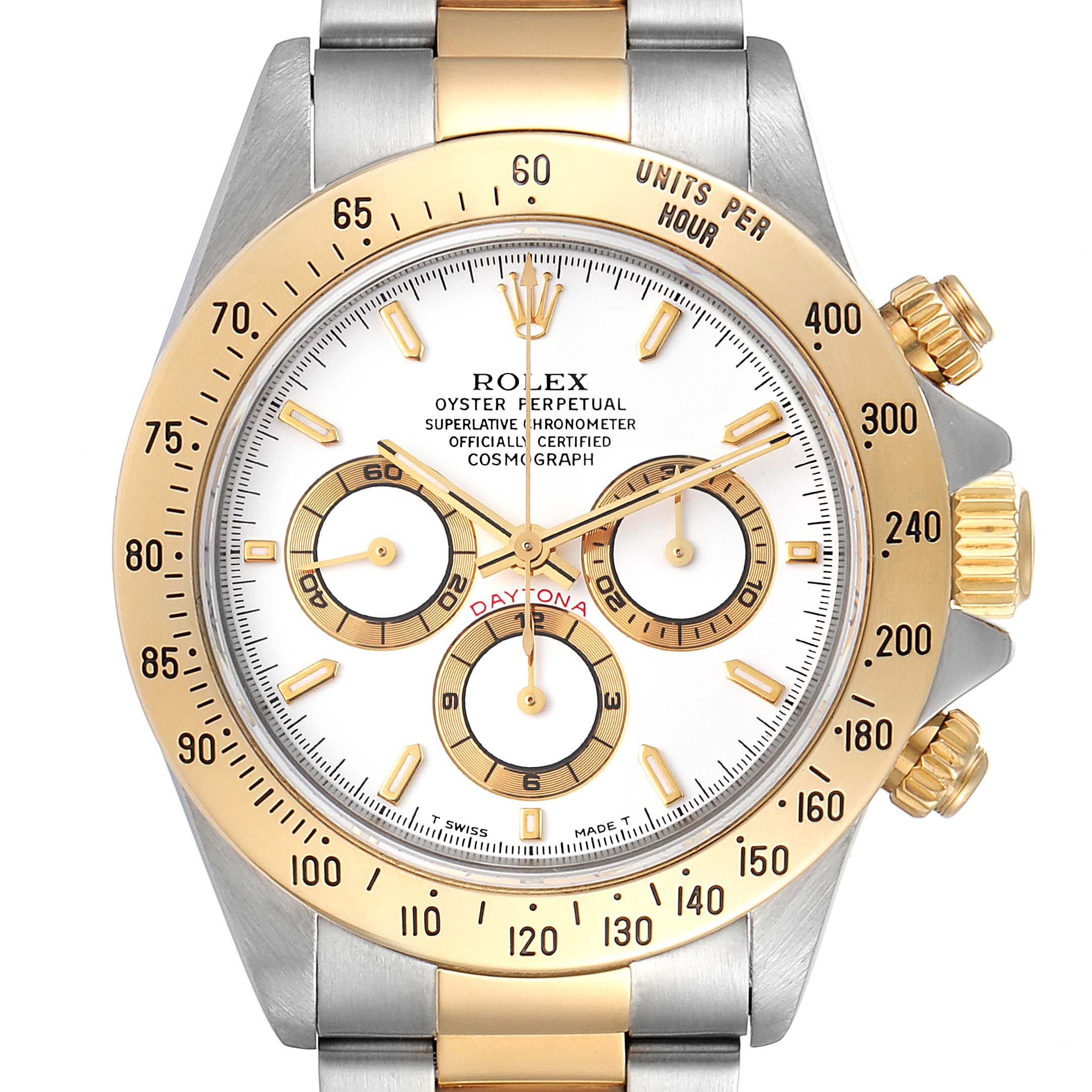 This image shows a front view of the Rolex Daytona 16523 Men
s Steel and Gold (two tone) White Dial 16523 Men
s Steel and Gold (two tone) White Dial watch, highlighting its dial, bezel, and chronograph features.