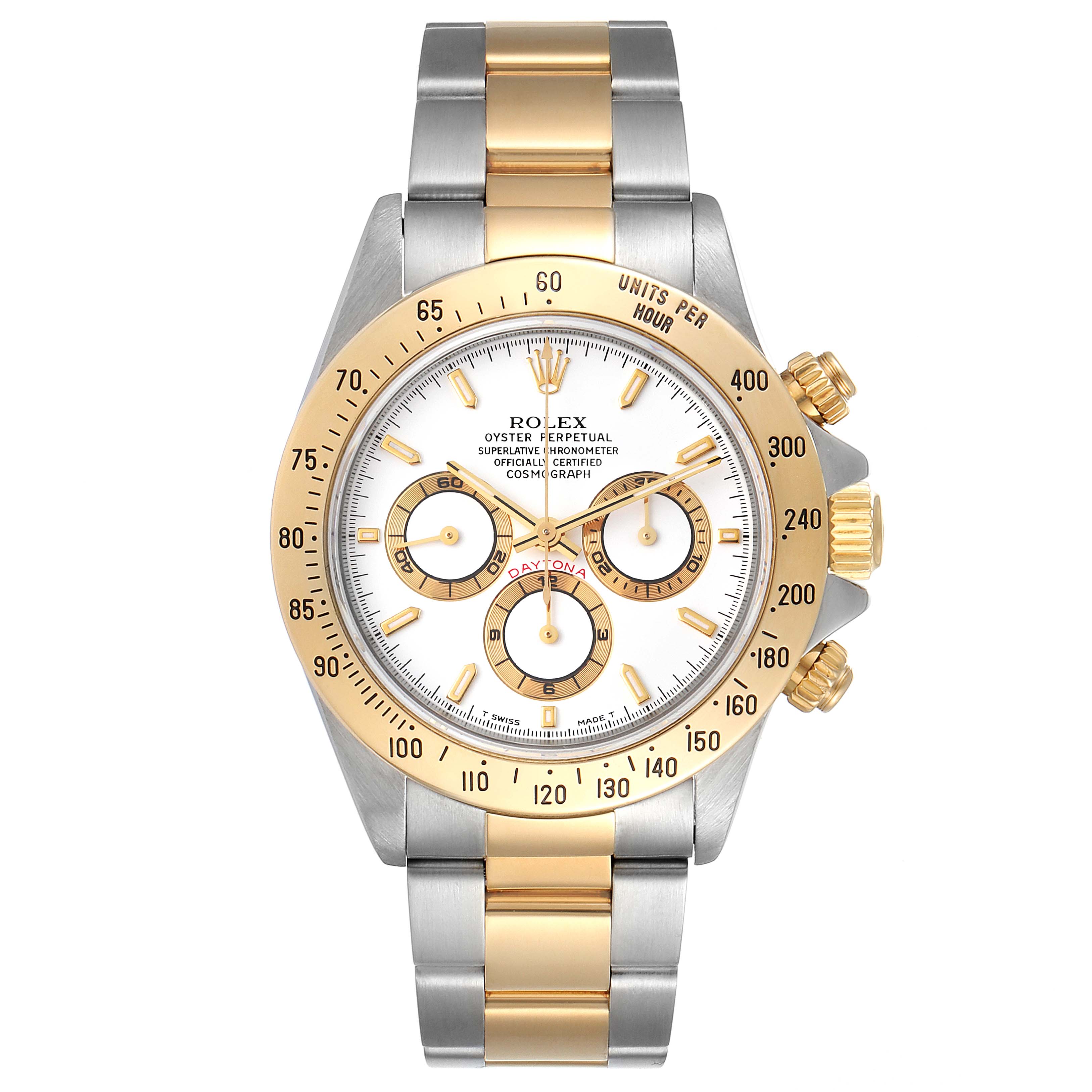 The image shows a front view of a Rolex Daytona 16523 Men
s Steel and Gold (two tone) White Dial 16523 Men
s Steel and Gold (two tone) White Dial watch with a two-tone gold and silver bracelet, featuring three sub-dials and a tachymeter bezel.