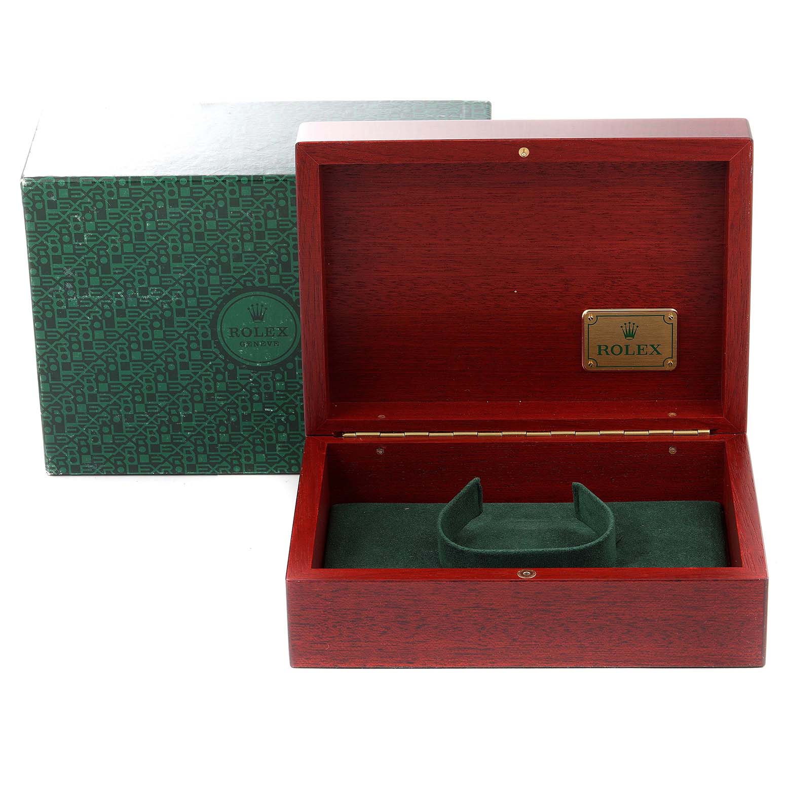 This image shows a Rolex Daytona 16523 Men
s Steel and Gold (two tone) White Dial 16523 Men
s Steel and Gold (two tone) White Dial watch box, featuring a green interior and an external green and black box.