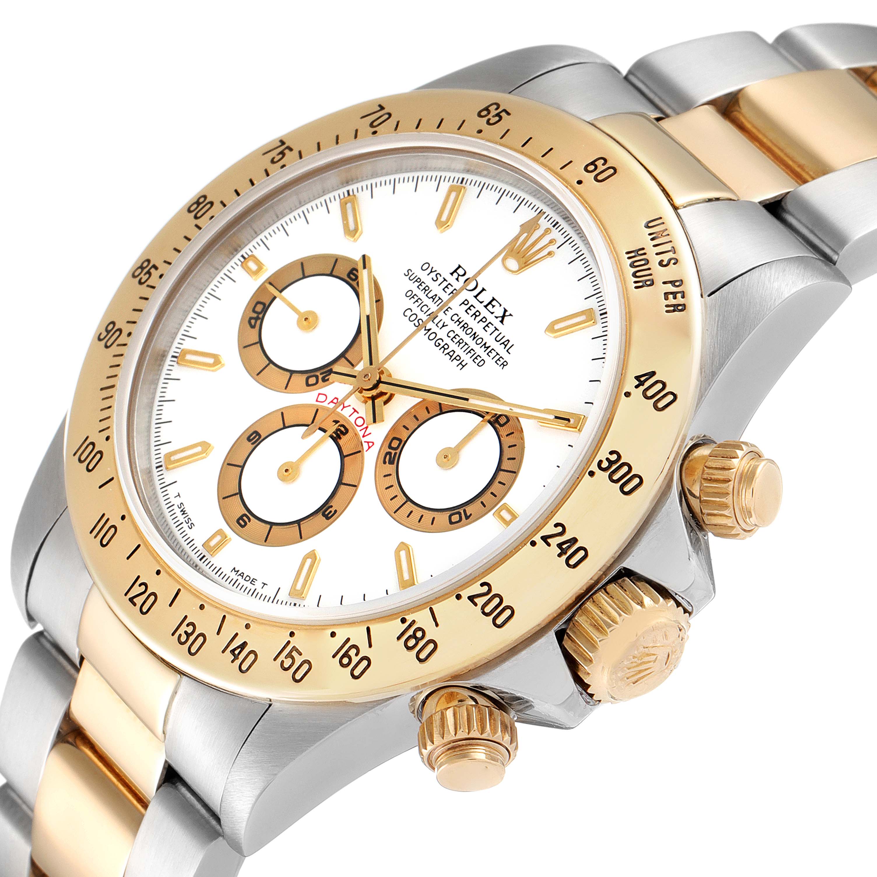 This image displays a close-up angle of the Rolex Daytona 16523 Men
s Steel and Gold (two tone) White Dial 16523 Men
s Steel and Gold (two tone) White Dial watch, highlighting its bezel, dial, and part of the bracelet.