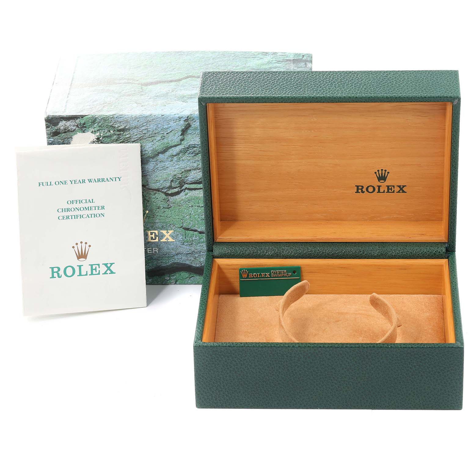 The image shows an open Rolex Explorer 16570 Men
s Stainless Steel Black Dial 16570 Men
s Stainless Steel Black Dial watch box, certificate booklet, and outer packaging at an angle from the front.