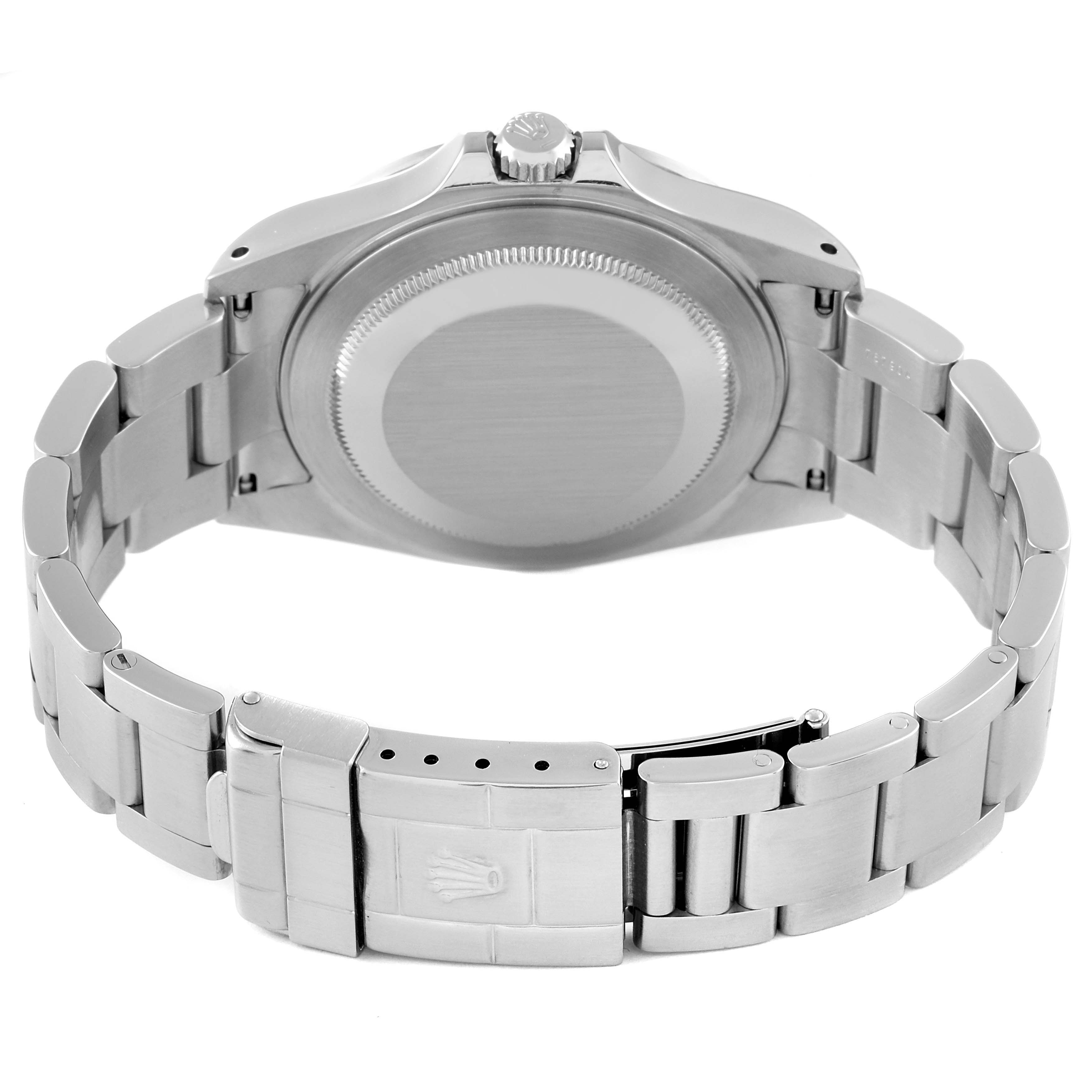 This image shows the back case and bracelet of a Rolex Explorer 16570 Men
s Stainless Steel Black Dial 16570 Men
s Stainless Steel Black Dial watch viewed from the rear.