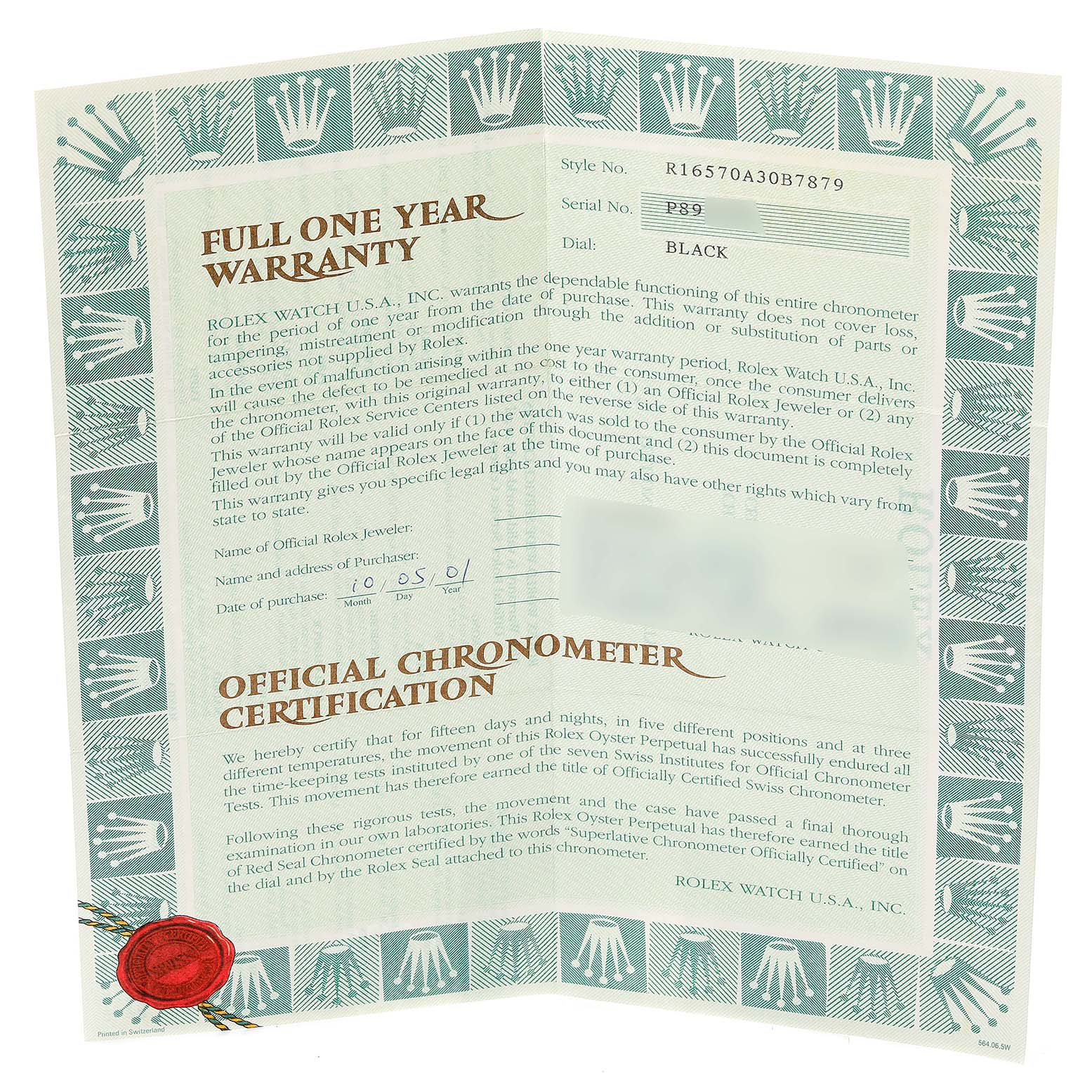 This image shows the official one-year warranty and chronometer certification for the Rolex Explorer 16570 Men
s Stainless Steel Black Dial 16570 Men
s Stainless Steel Black Dial model.