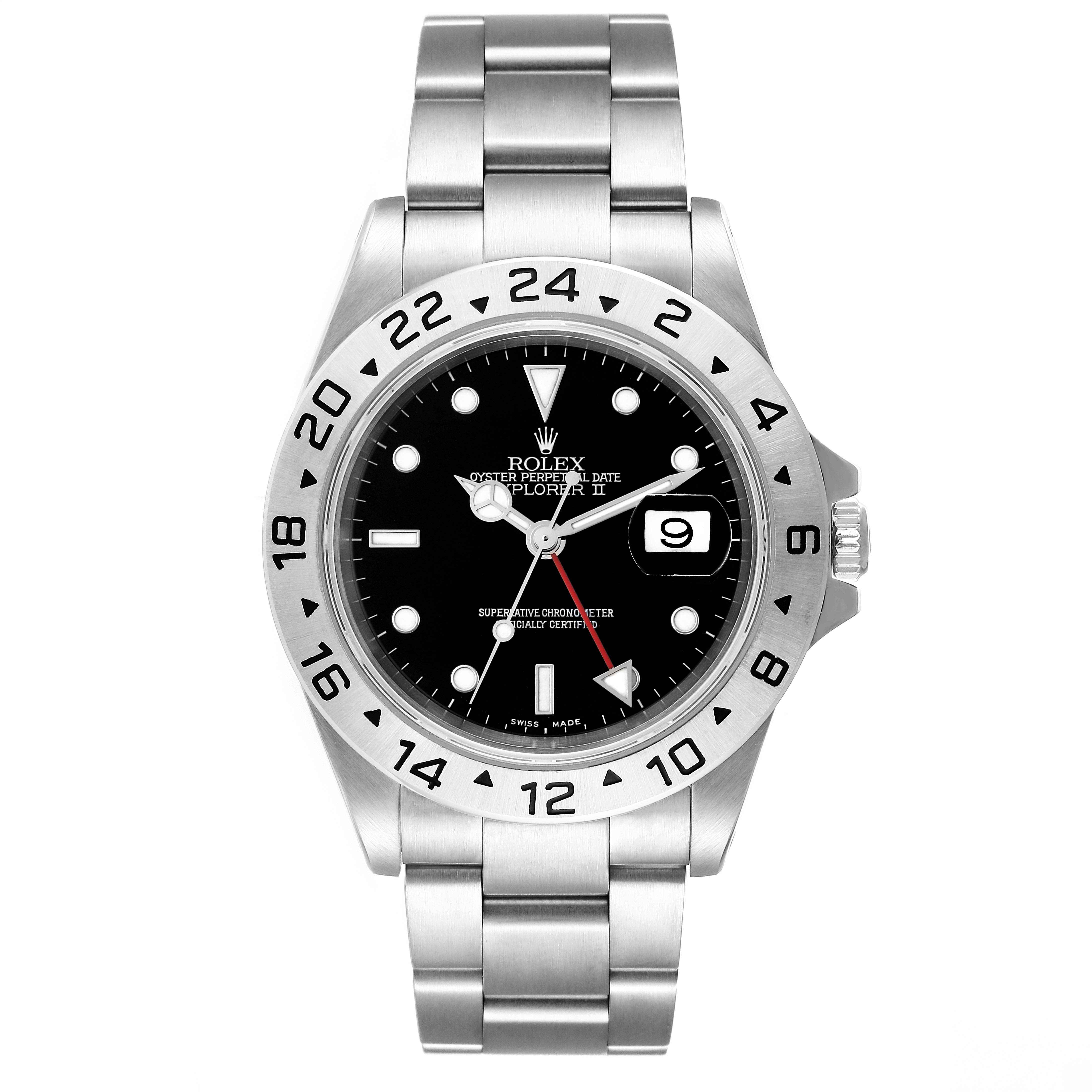 The image shows a front view of the Rolex Explorer 16570 Men
s Stainless Steel Black Dial 16570 Men
s Stainless Steel Black Dial watch, highlighting the dial, bezel, crown, and bracelet.