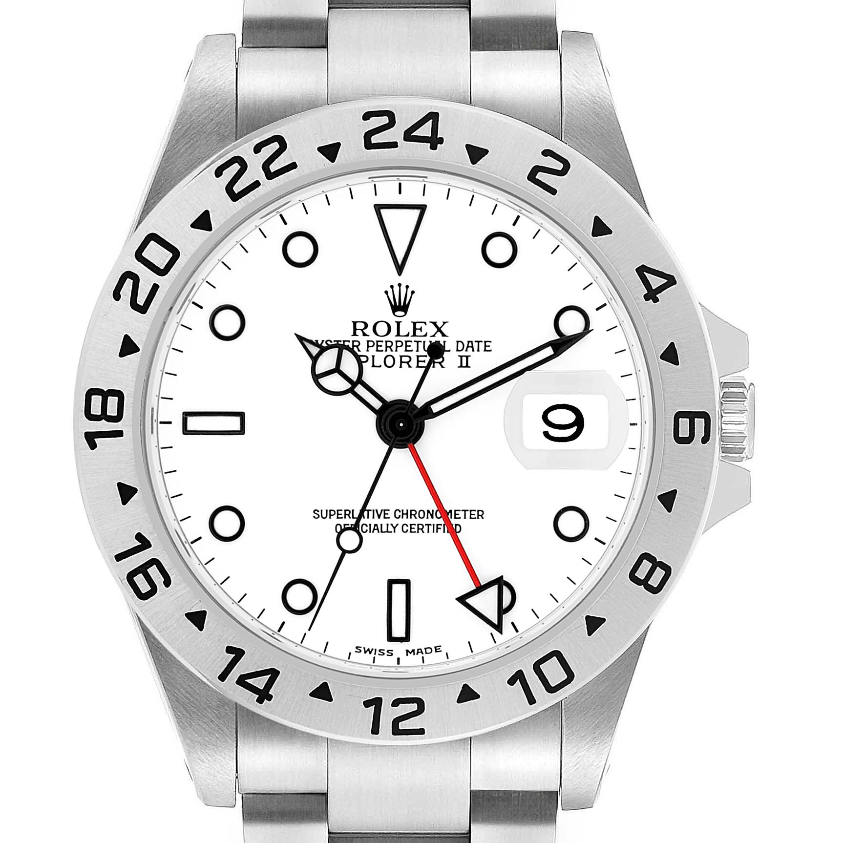 The Rolex Explorer 16570 Men's Stainless Steel White Dial model is shown front-facing, displaying the dial, bezel, crown, and part of the bracelet.