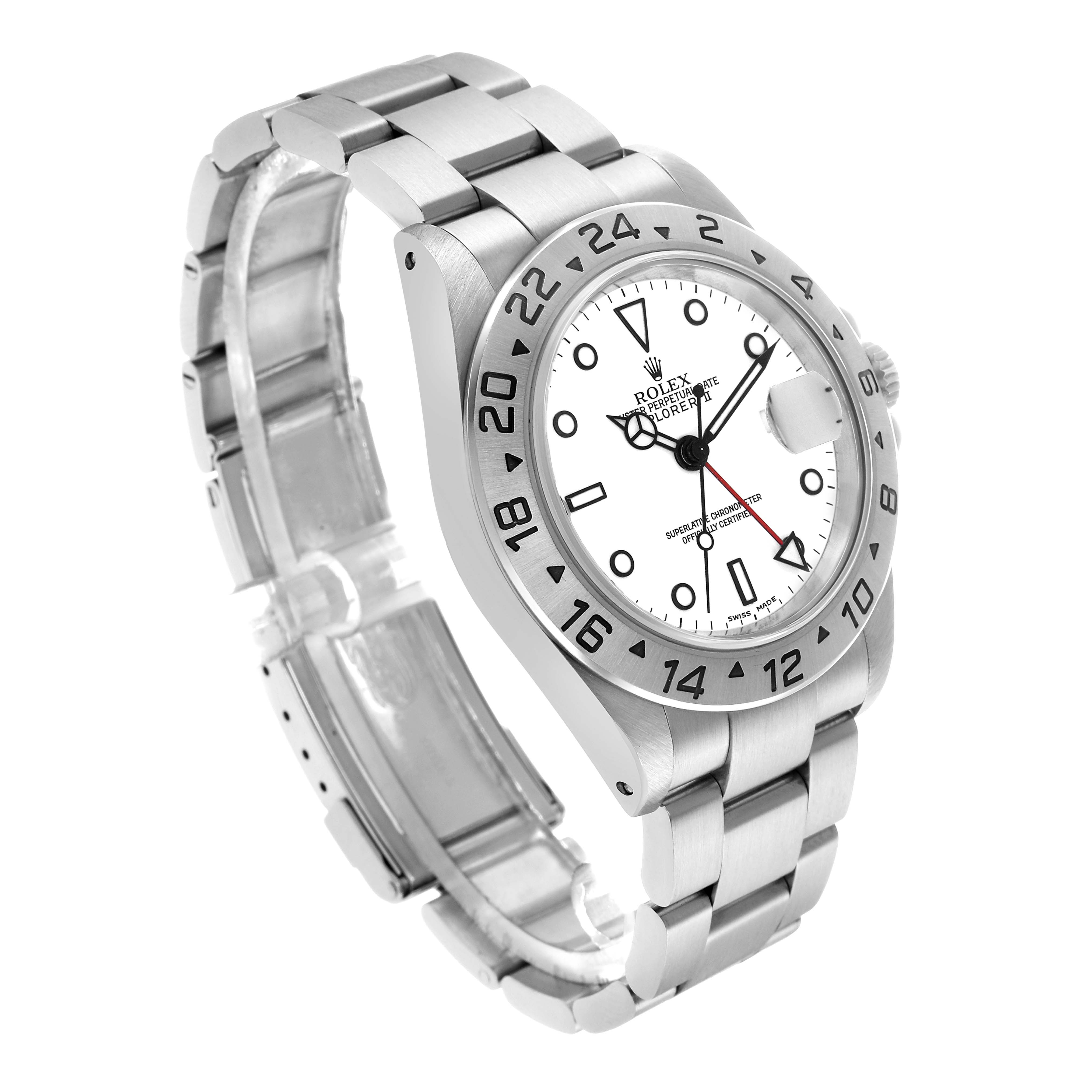 The Rolex Explorer 16570 Men's Stainless Steel White Dial watch is shown at a three-quarter angle, displaying the dial, case, bezel, and part of the bracelet.