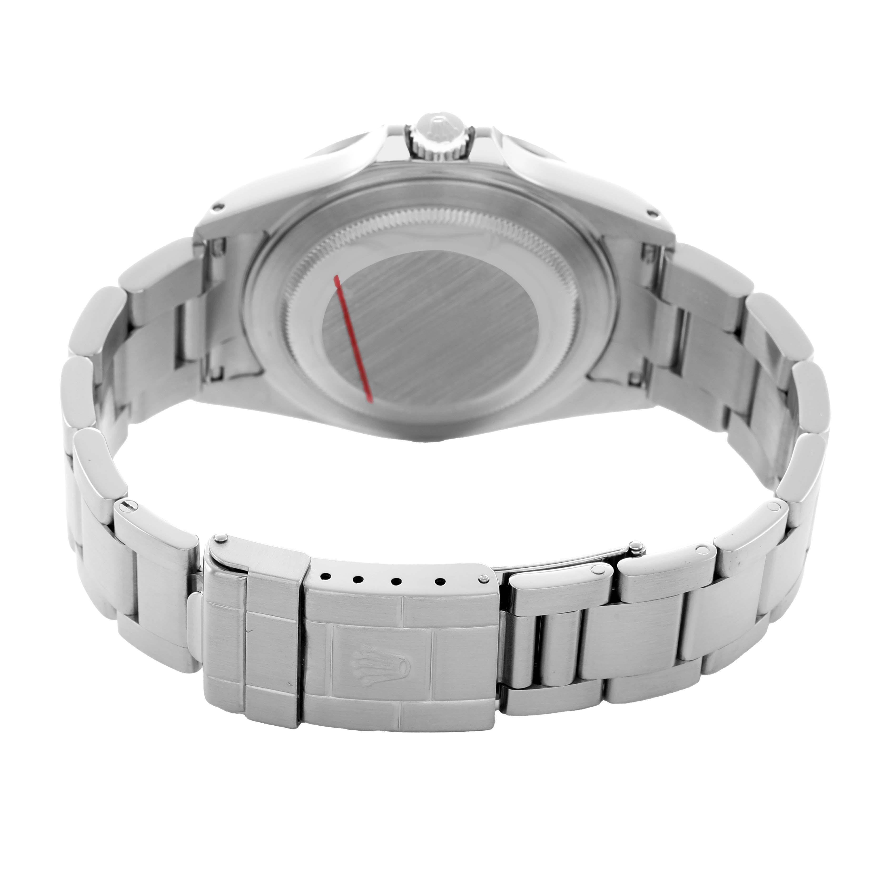 The image shows the back view of a Rolex Explorer 16570 Men's Stainless Steel White Dial watch, highlighting the bracelet and clasp.