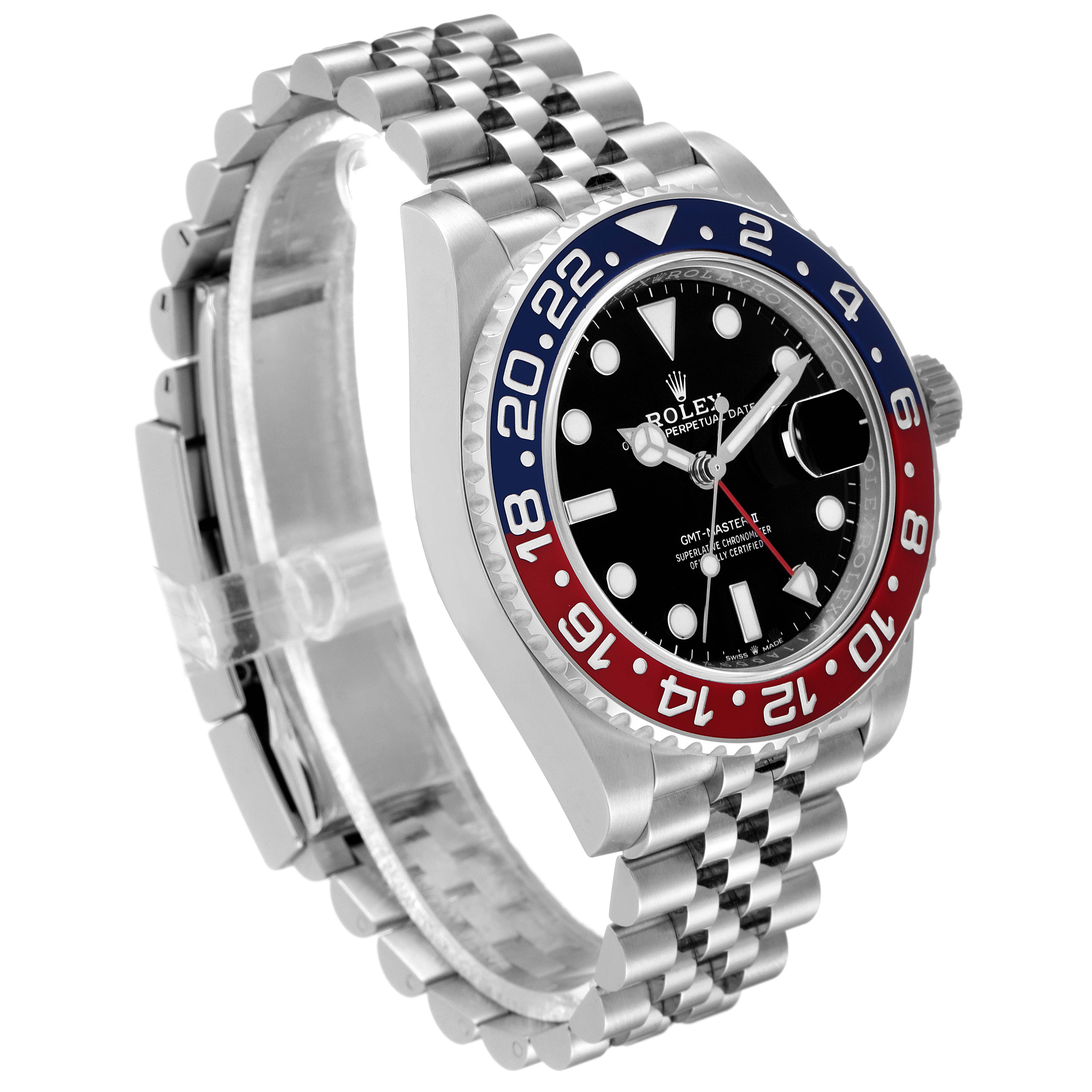 The Rolex GMT-Master 126710 Men
s Stainless Steel Black Dial 126710 Men
s Stainless Steel Black Dial watch is shown at an angle showcasing the face, bezel, and part of the jubilee bracelet.