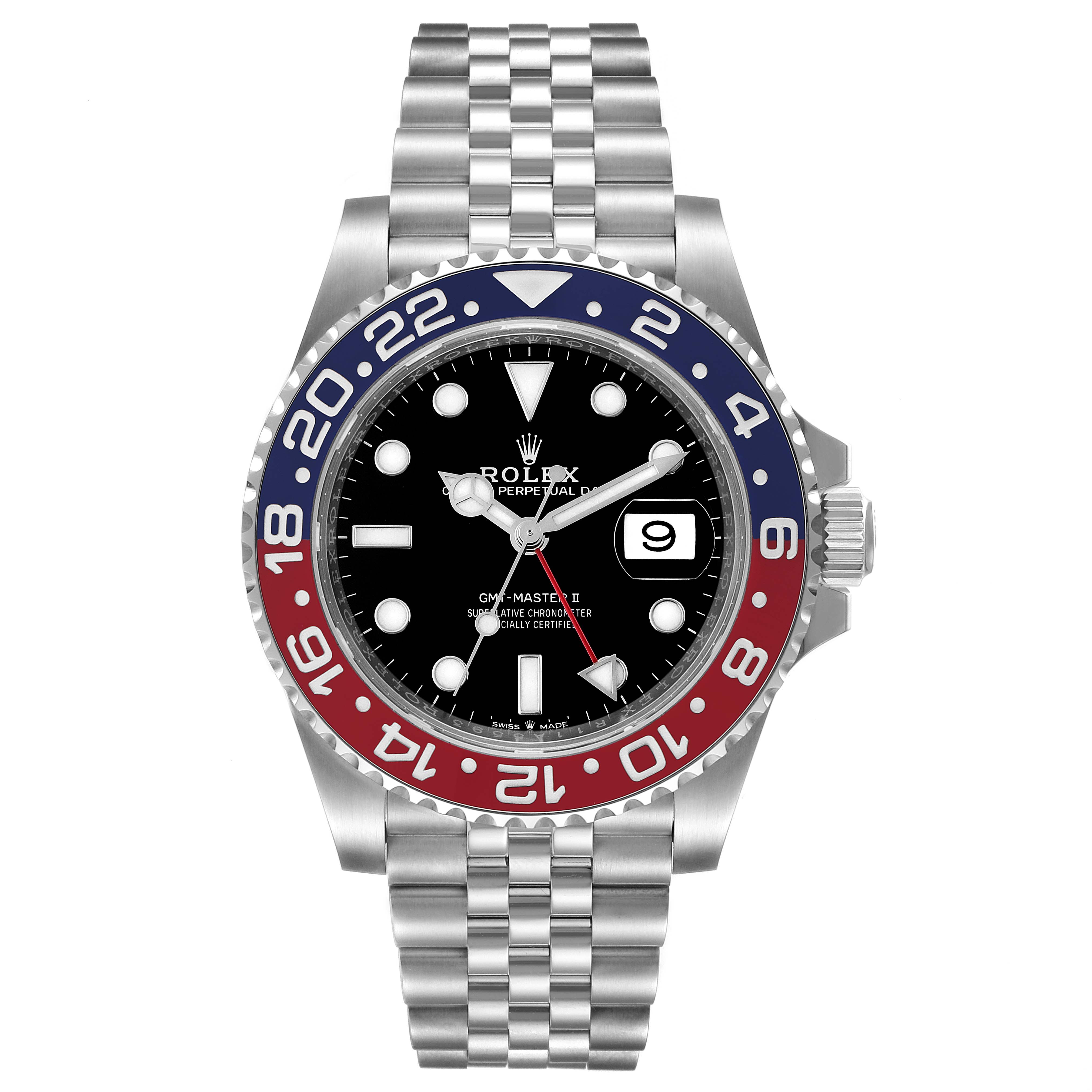 The Rolex GMT-Master 126710 Men
s Stainless Steel Black Dial 126710 Men
s Stainless Steel Black Dial watch is shown from a front angle, displaying the dial, bezel, case, crown, and bracelet.