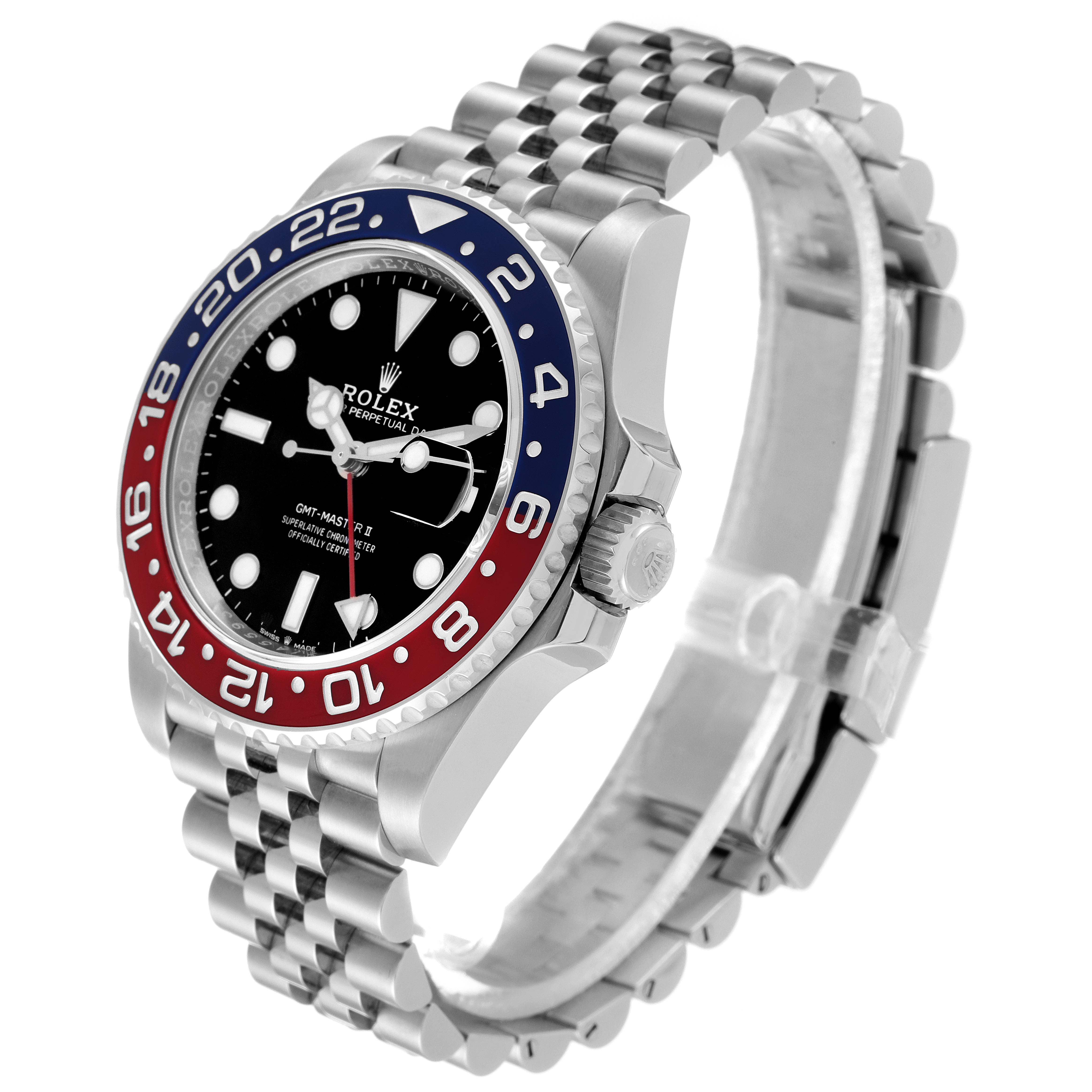 The image shows a side-angle view of a Rolex GMT-Master 126710 Men
s Stainless Steel Black Dial 126710 Men
s Stainless Steel Black Dial watch, highlighting its bezel, crown, dial, and bracelet.
