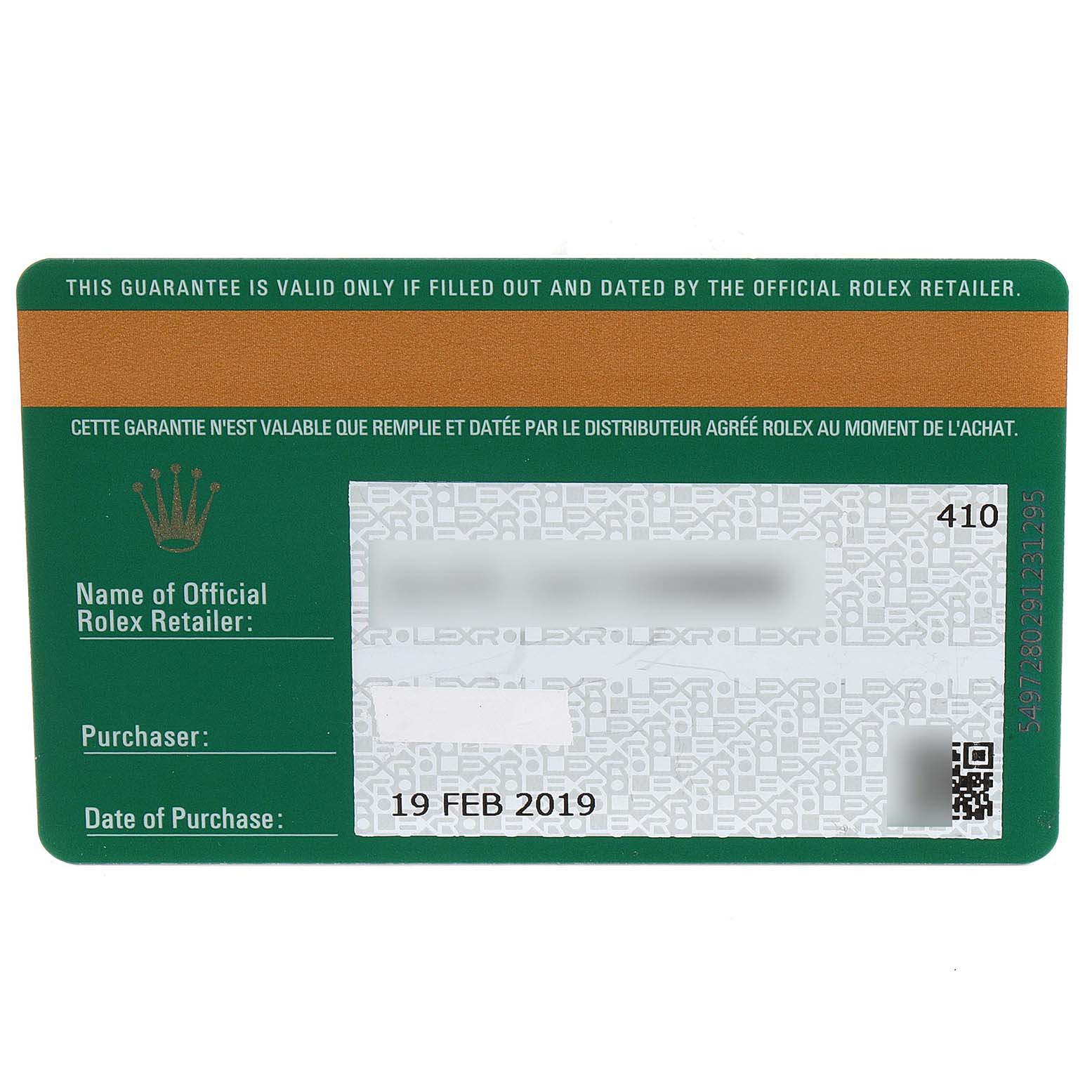 The image shows the warranty card for a Rolex GMT-Master 126710 Men
s Stainless Steel Black Dial 126710 Men
s Stainless Steel Black Dial watch, displaying details like the retailer, purchaser, and date of purchase.