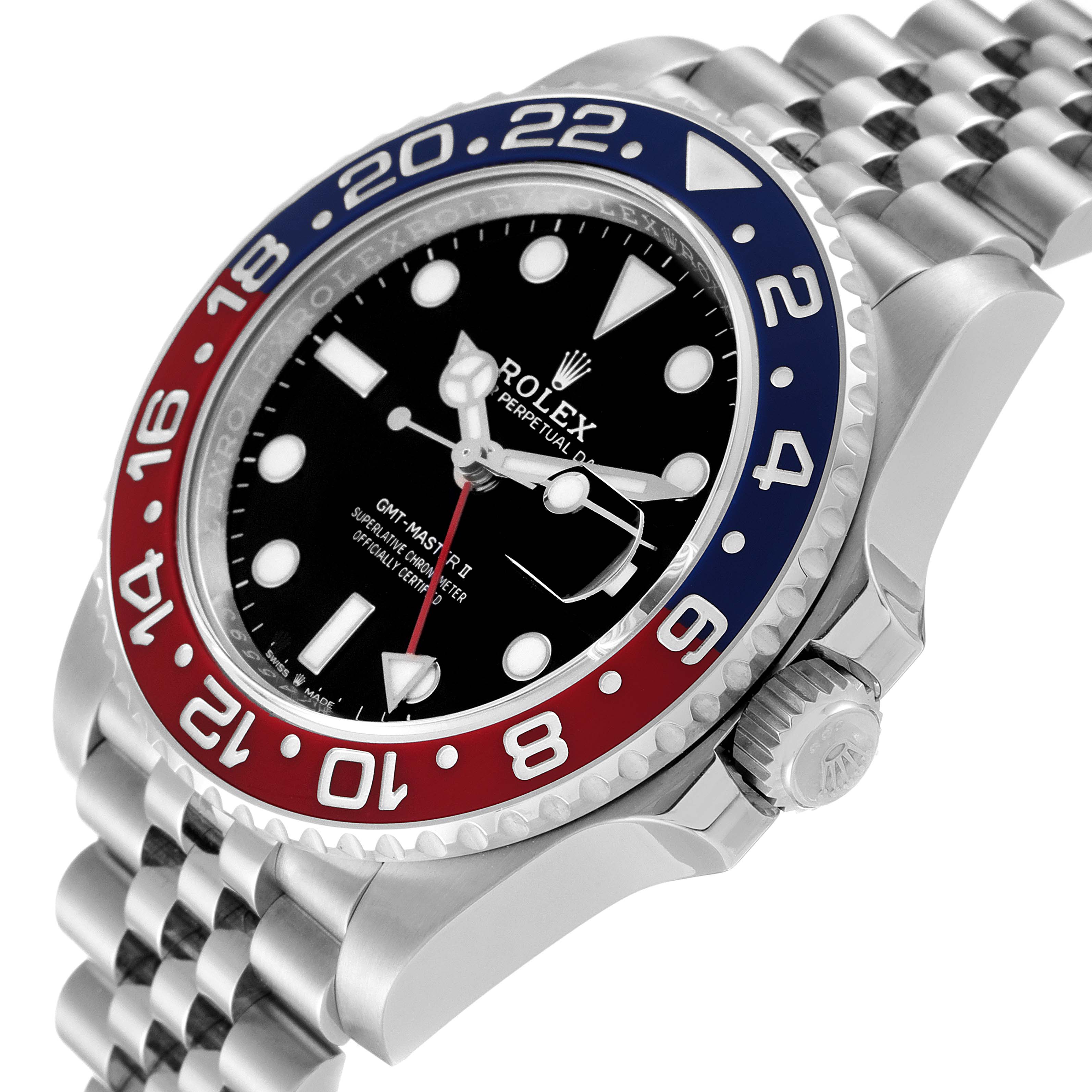 The image shows a close-up angled view of the bezel, dial, crown, and bracelet of a Rolex GMT-Master 126710 Men
s Stainless Steel Black Dial 126710 Men
s Stainless Steel Black Dial watch.