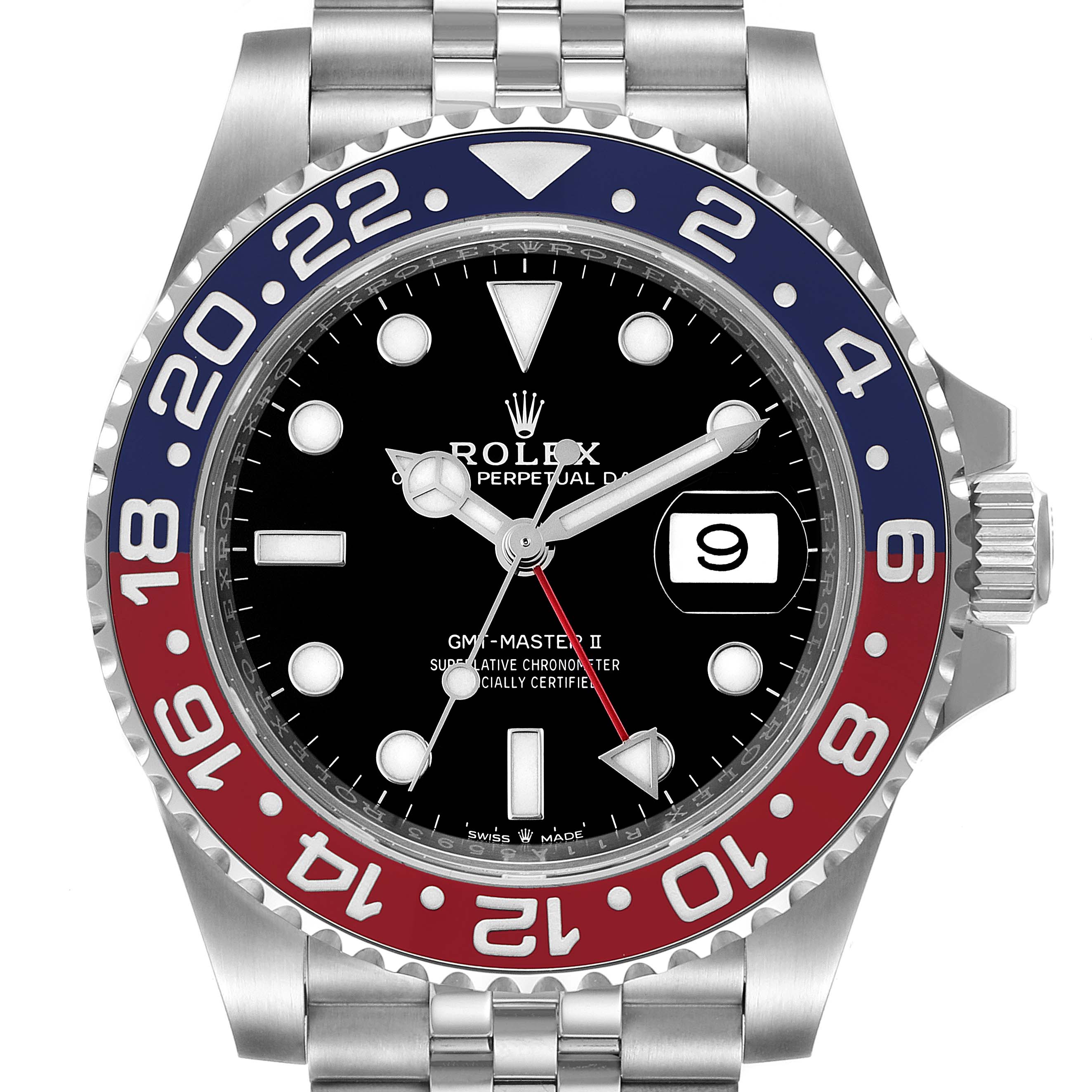 The image shows a front view of the Rolex GMT-Master 126710 Men
s Stainless Steel Black Dial 126710 Men
s Stainless Steel Black Dial II watch, highlighting the bezel, dial, hands, date window, and part of the bracelet.