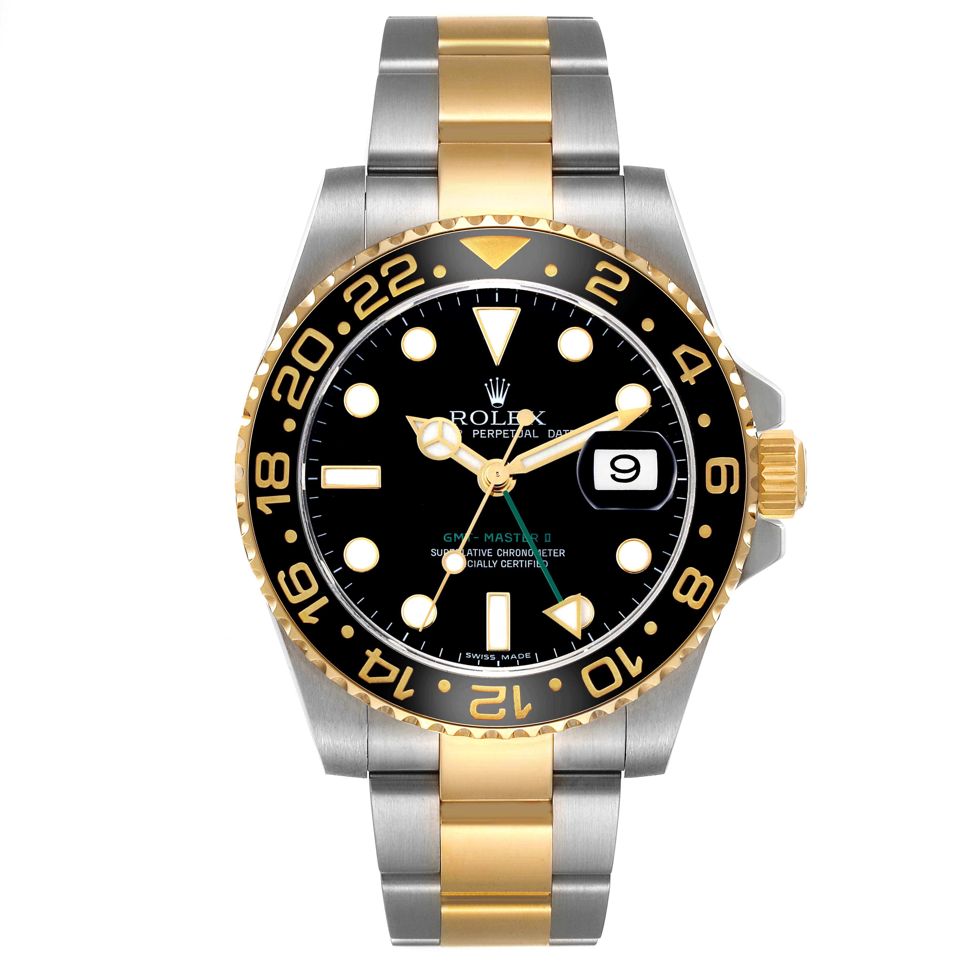 The Rolex GMT-Master 116713 Men's Steel and Gold (two tone) Black Dial watch is shown from a front angle, highlighting the dial, bezel, and two-tone bracelet.