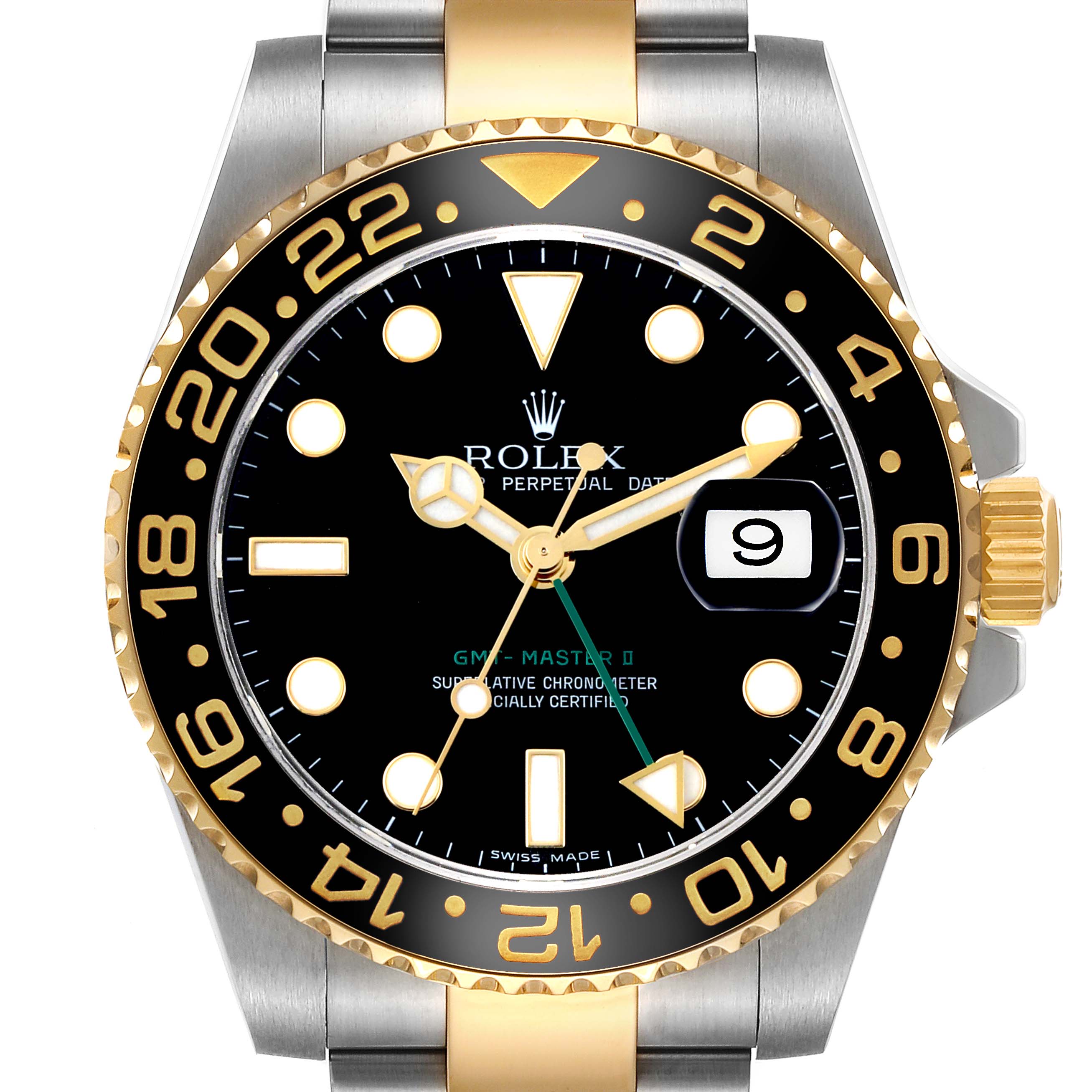 The Rolex GMT-Master 116713 Men's Steel and Gold (two tone) Black Dial watch is shown from the front, highlighting the dial, bezel, hands, and crown.