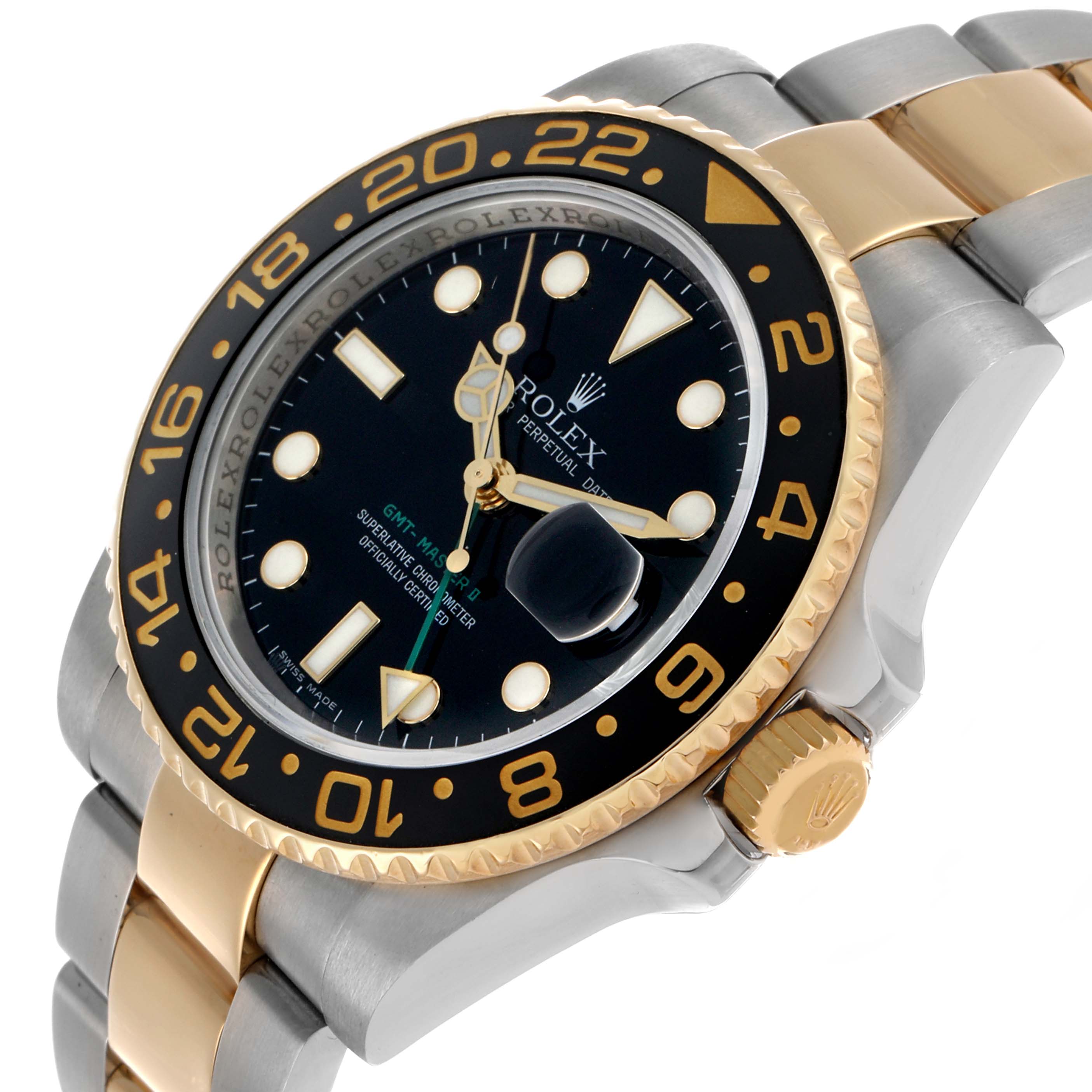 The image shows a side angle of a Rolex GMT-Master 116713 Men's Steel and Gold (two tone) Black Dial, highlighting the bezel, dial, crown, and two-tone bracelet.
