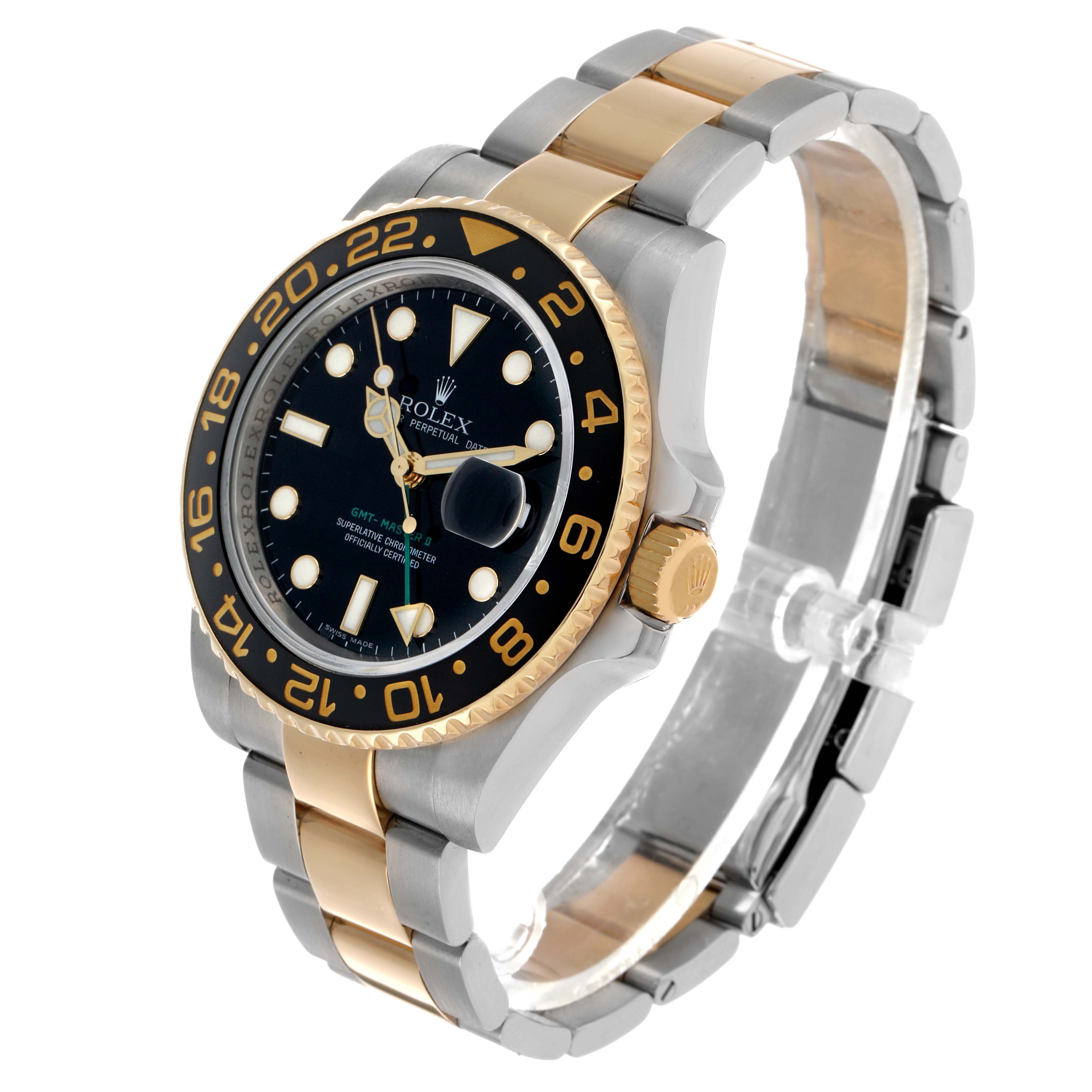 The Rolex GMT-Master 116713 Men's Steel and Gold (two tone) Black Dial watch is shown at a slight angle, displaying its bezel, face, crown, and bracelet.