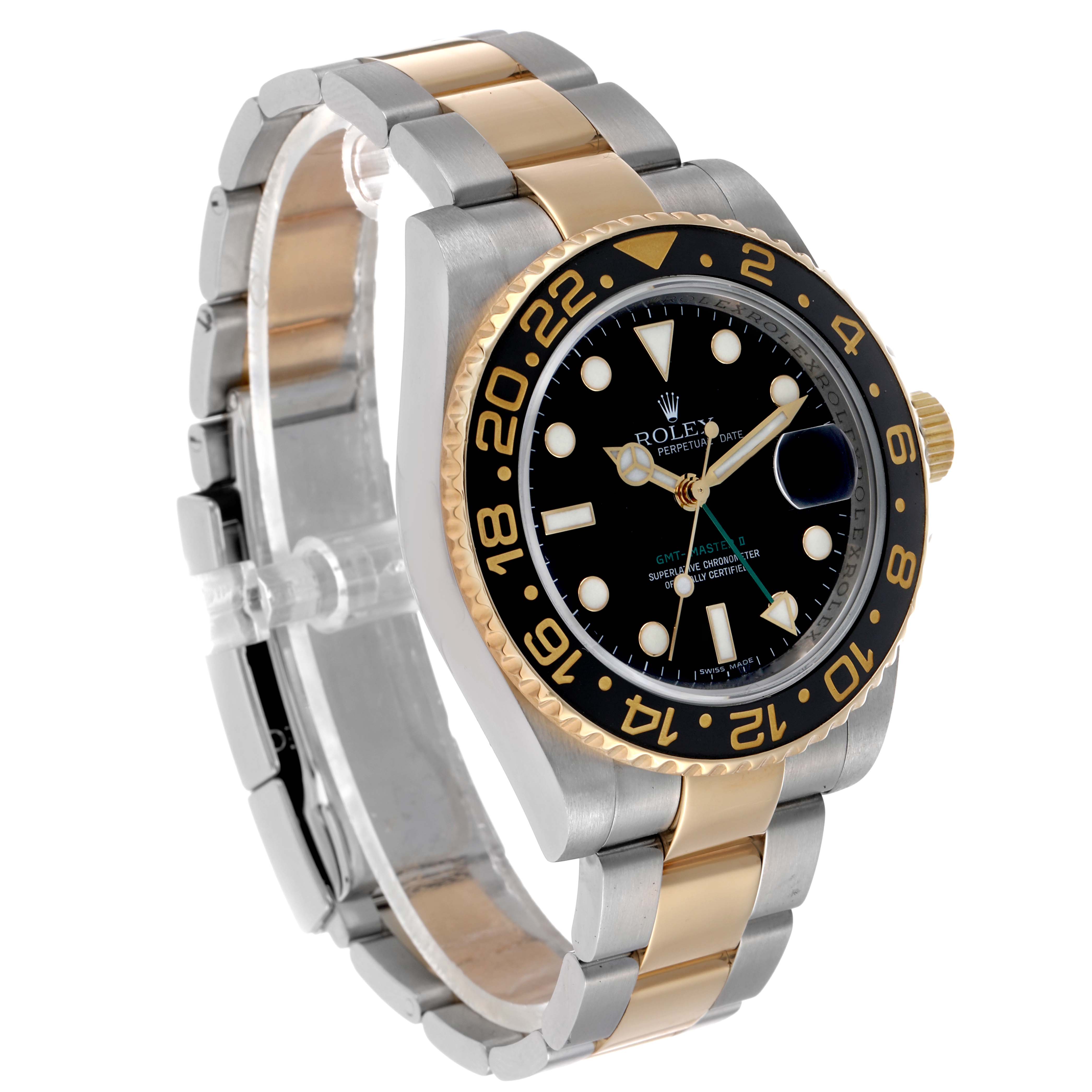The Rolex GMT-Master 116713 Men's Steel and Gold (two tone) Black Dial watch is shown at a three-quarter angle, featuring a two-tone bracelet and bezel.