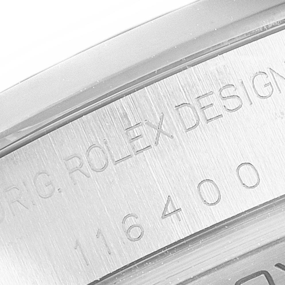 This is a close-up view of the engraved model number on the case side of a Rolex Milgauss 116400 Men's Stainless Steel Black Dial 116400 Men's Stainless Steel Black Dial watch.