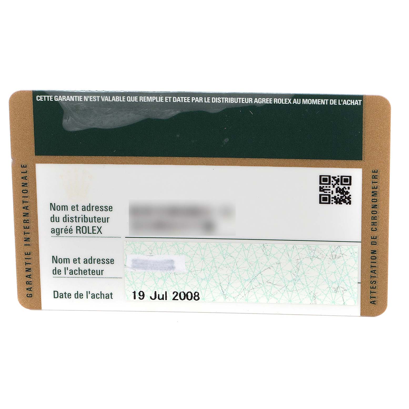 This image shows the warranty card for a Rolex Milgauss 116400 Men's Stainless Steel Black Dial 116400 Men's Stainless Steel Black Dial watch.