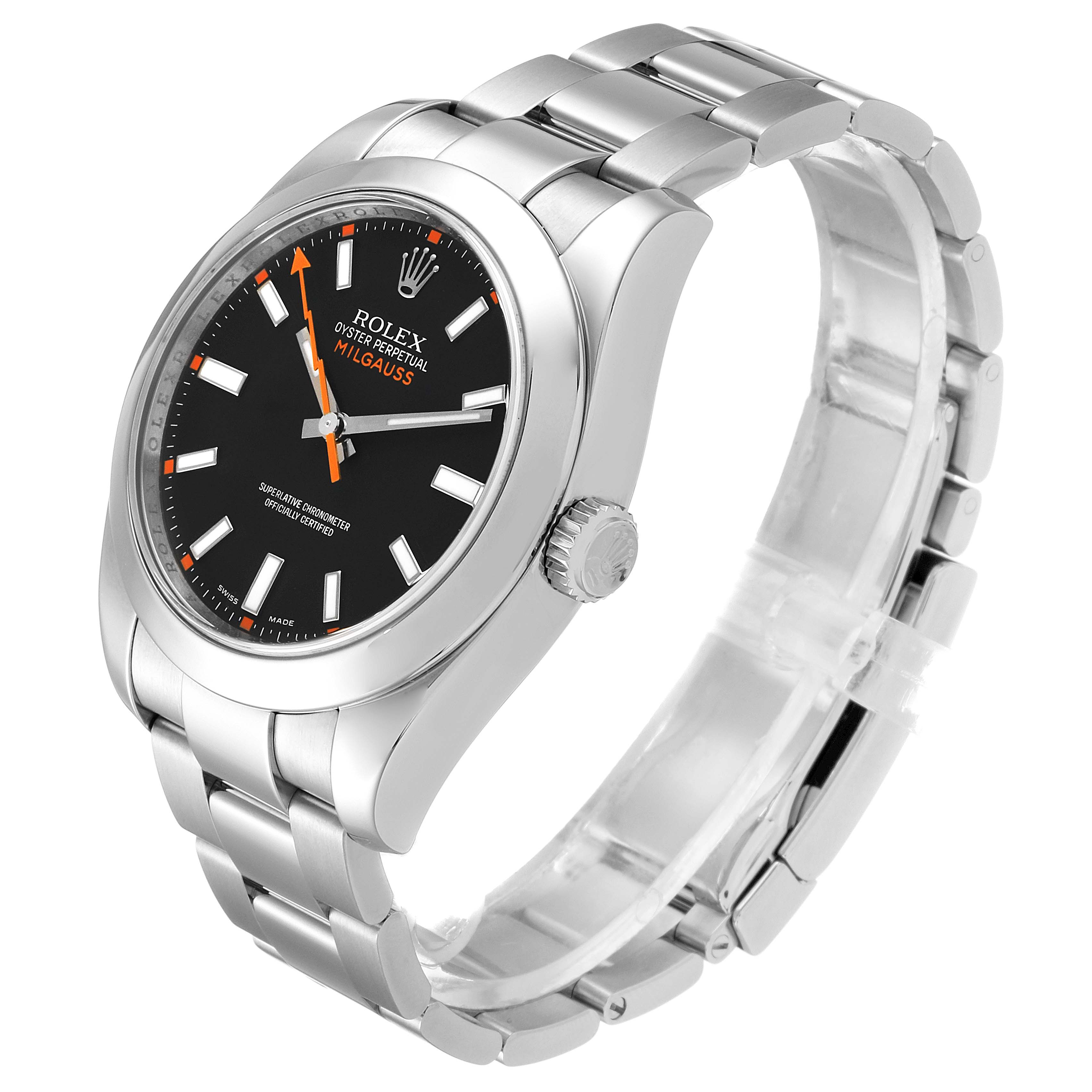 This image shows a Rolex Milgauss 116400 Men's Stainless Steel Black Dial 116400 Men's Stainless Steel Black Dial watch at an angled side view, highlighting its dial, bracelet, and crown.