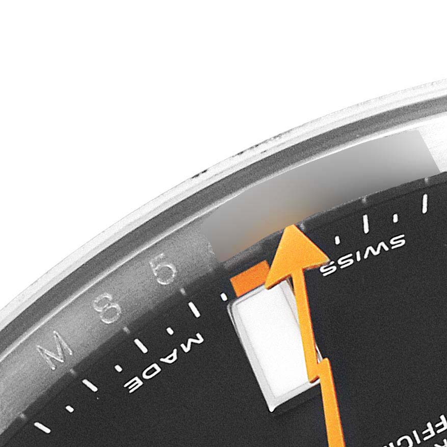 This shows a close-up of the dial and orange second hand of the Rolex Milgauss 116400 Men's Stainless Steel Black Dial 116400 Men's Stainless Steel Black Dial watch.