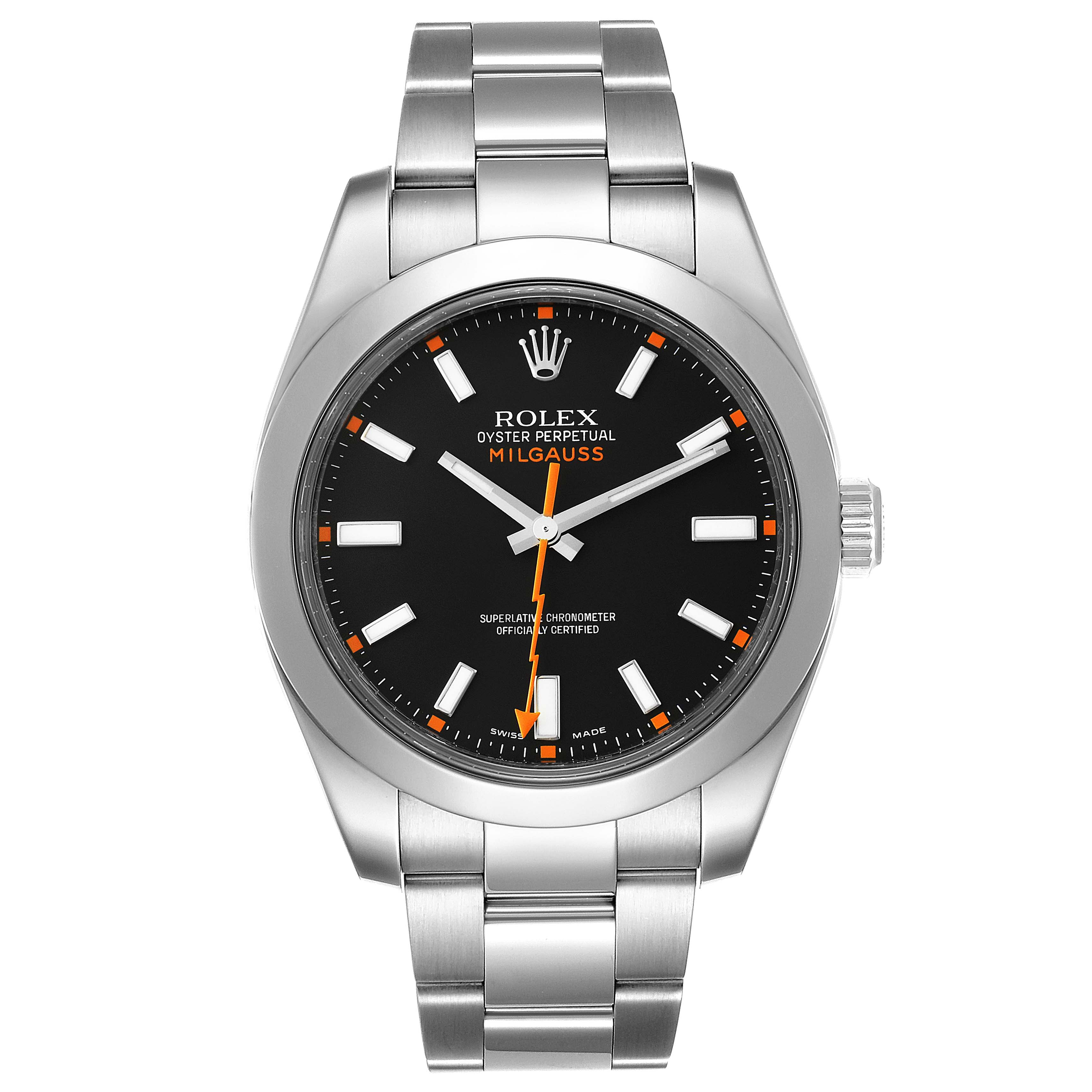 This image shows a front view of the Rolex Milgauss 116400 Men's Stainless Steel Black Dial 116400 Men's Stainless Steel Black Dial watch, highlighting its black dial, bracelet, and orange lightning-bolt second hand.