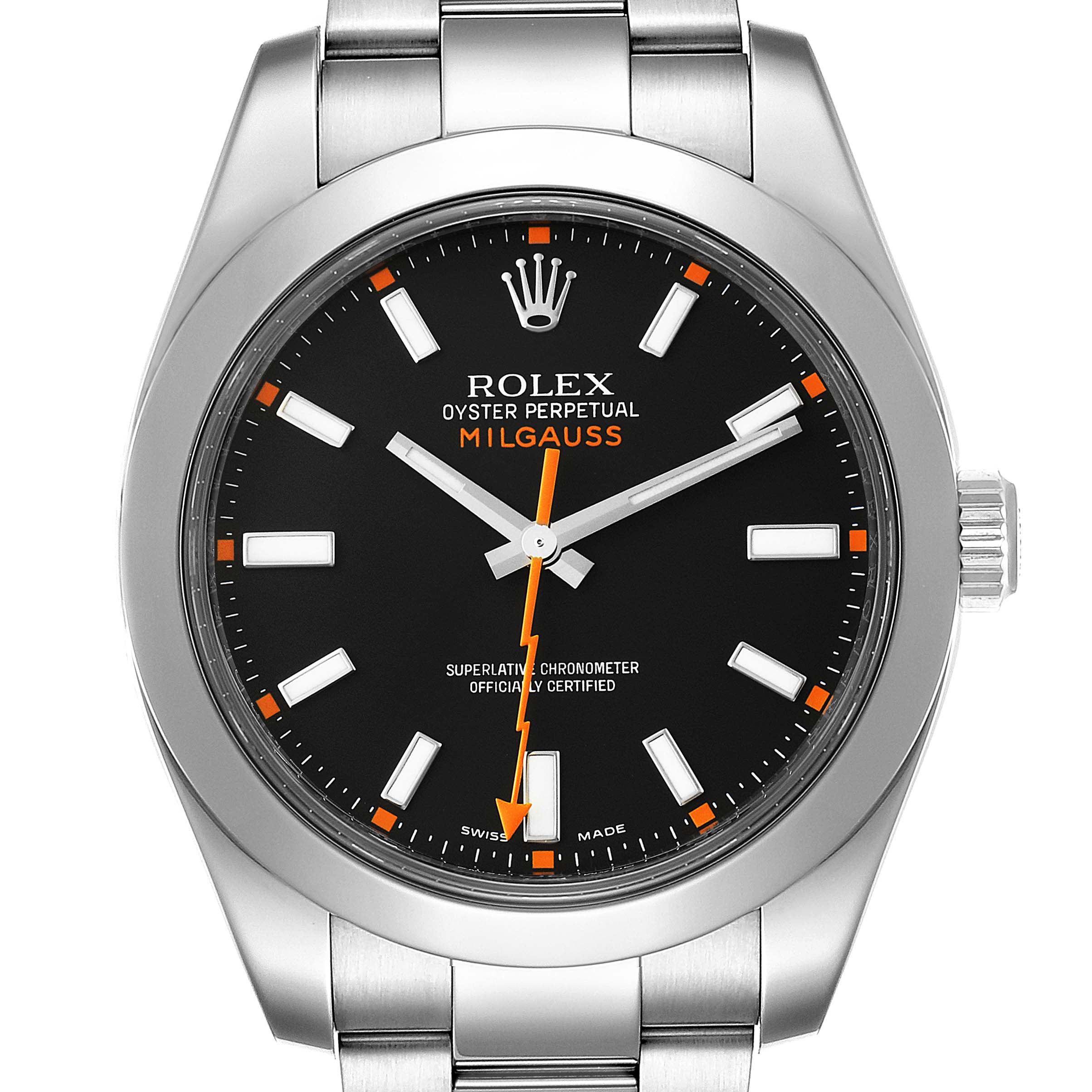 This image shows a front-facing view of the Rolex Milgauss 116400 Men's Stainless Steel Black Dial 116400 Men's Stainless Steel Black Dial watch, displaying its dial, hands, bezel, and crown.