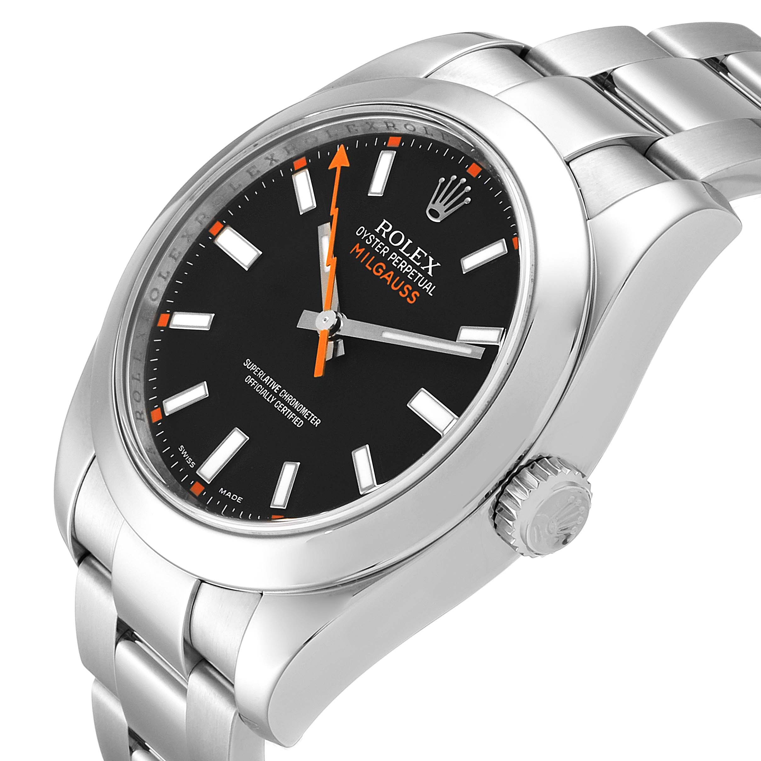 The image shows a Rolex Milgauss 116400 Men's Stainless Steel Black Dial 116400 Men's Stainless Steel Black Dial watch from an angled close-up, displaying the face, bezel, crown, and part of the bracelet.