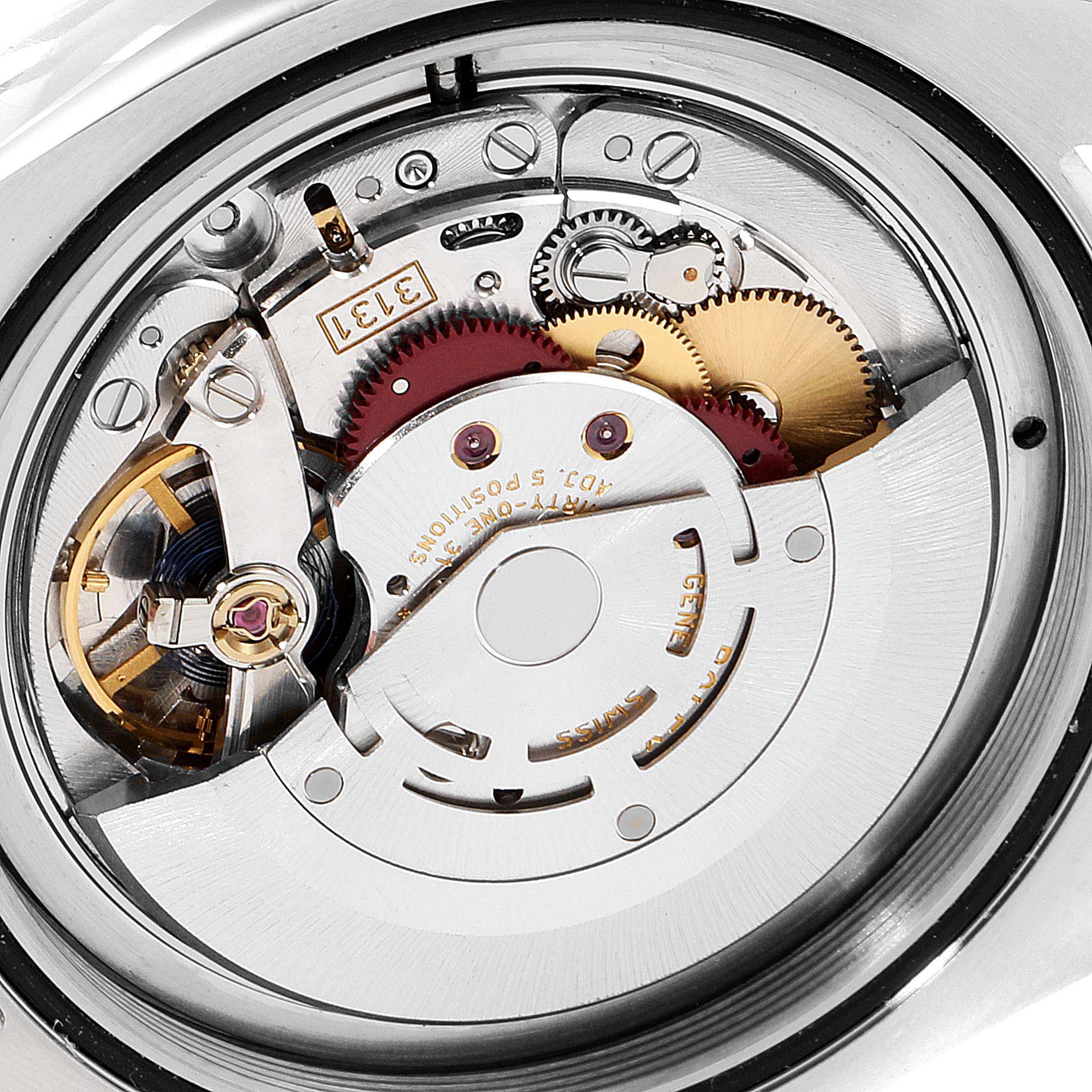 This image shows a close-up view of the movement inside a Rolex Milgauss 116400 Men's Stainless Steel Black Dial 116400 Men's Stainless Steel Black Dial watch.