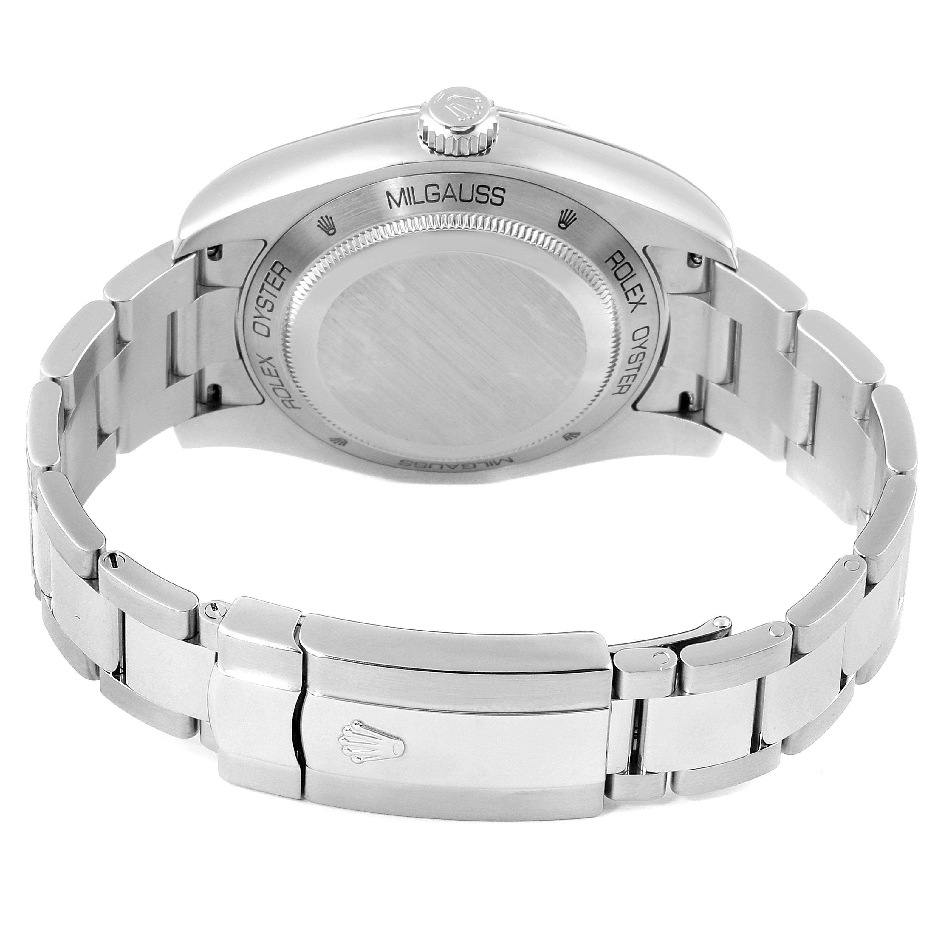 The image shows the back case, bracelet, and clasp of a Rolex Milgauss 116400 Men's Stainless Steel Black Dial 116400 Men's Stainless Steel Black Dial watch from an angled rear view.