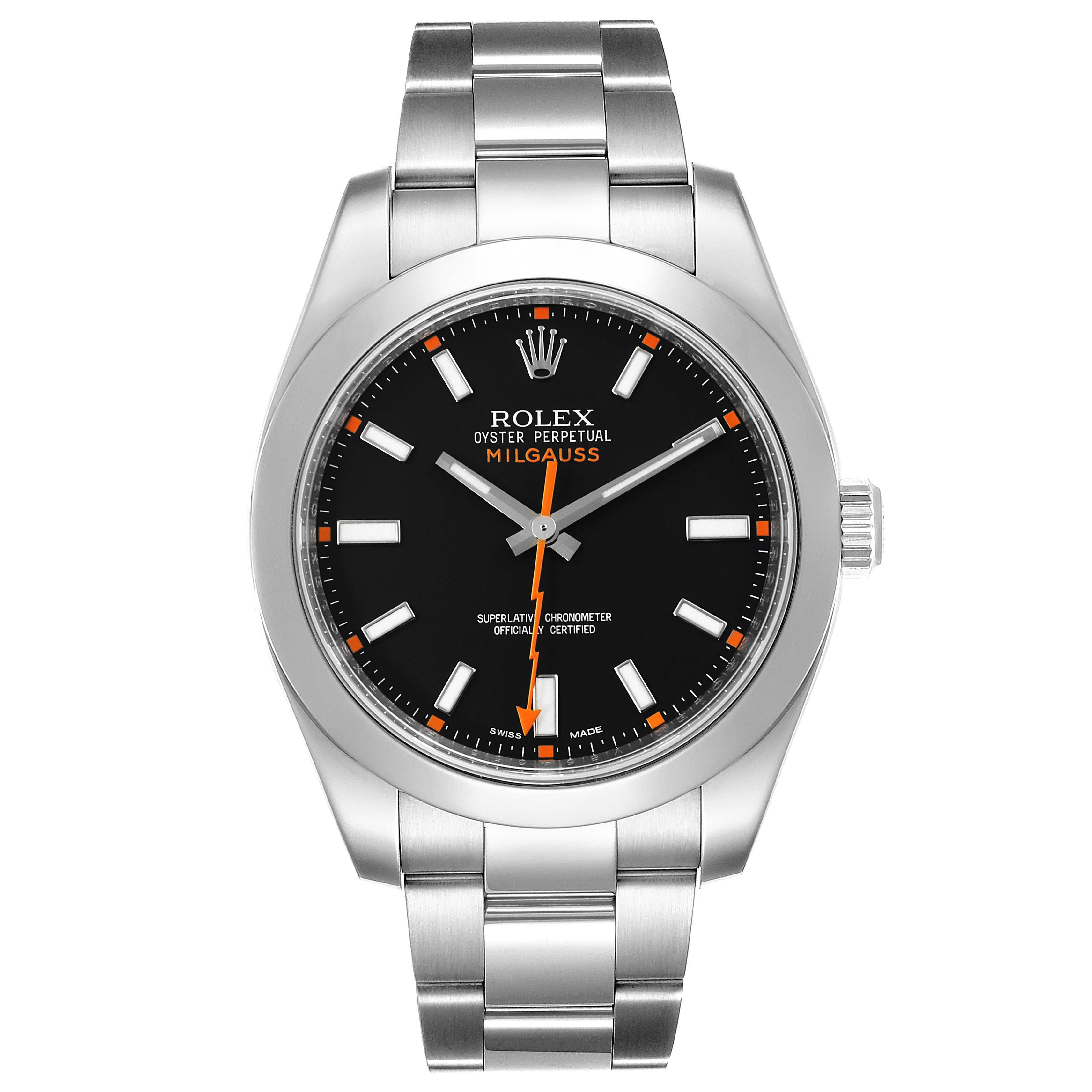 The image shows a front view of the Rolex Milgauss 116400 Men
s Stainless Steel Black Dial 116400 Men
s Stainless Steel Black Dial watch, highlighting the dial, hands, bezel, and bracelet.