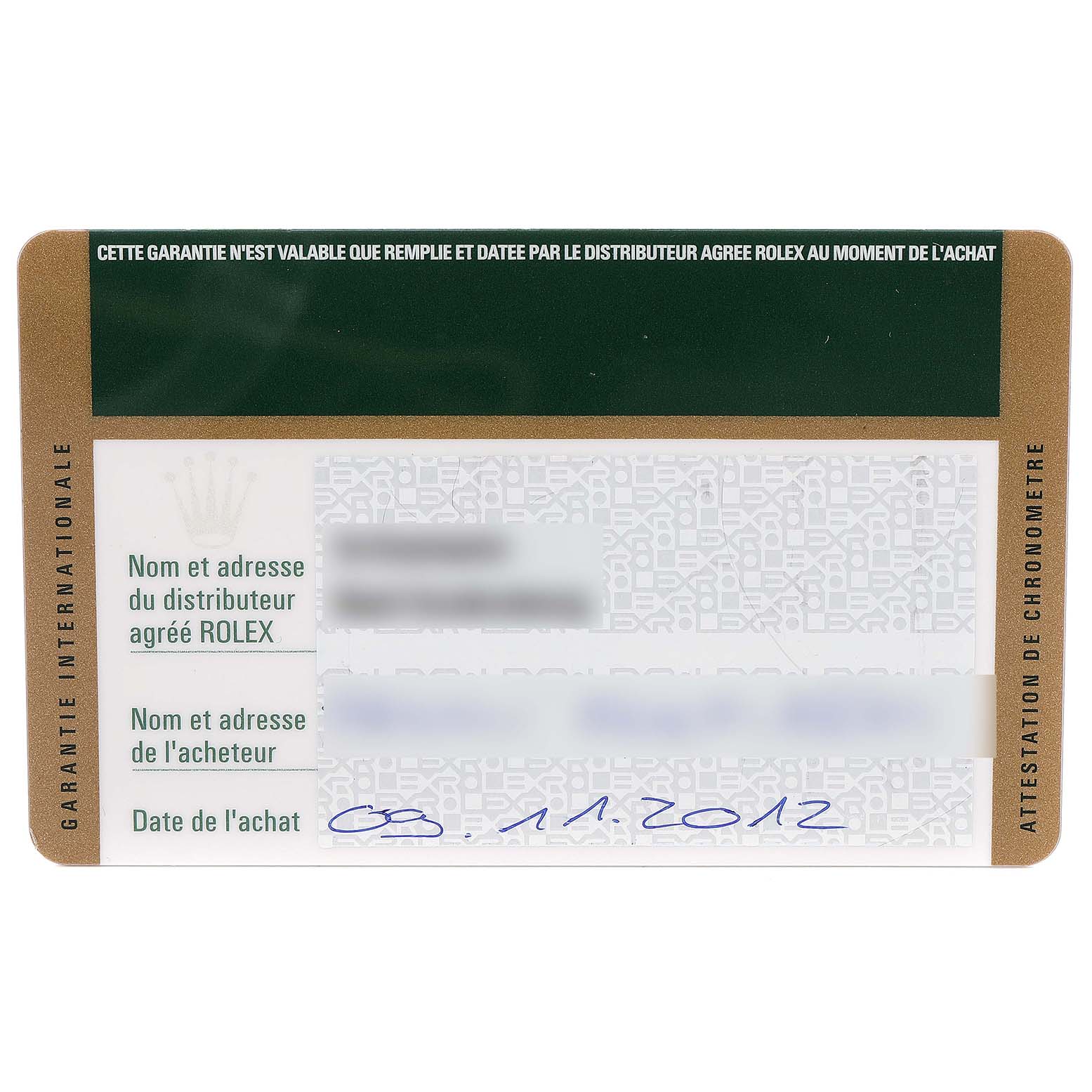 This is a warranty card for a Rolex Milgauss 116400 Men
s Stainless Steel Black Dial 116400 Men
s Stainless Steel Black Dial watch, shown from a top-down angle.