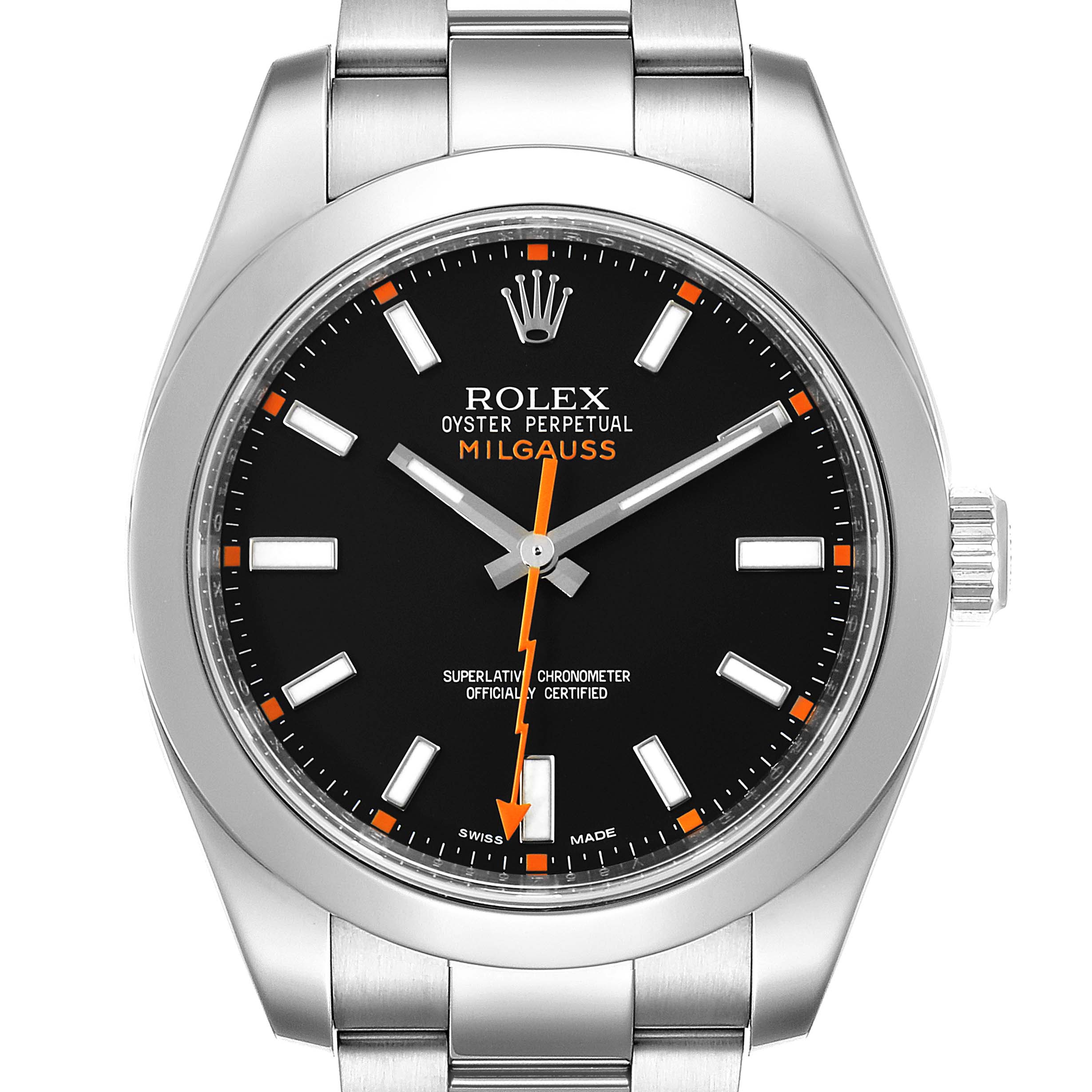 This image shows a front-facing view of the Rolex Milgauss 116400 Men
s Stainless Steel Black Dial 116400 Men
s Stainless Steel Black Dial watch, highlighting its black dial, orange accents, and stainless steel bracelet.