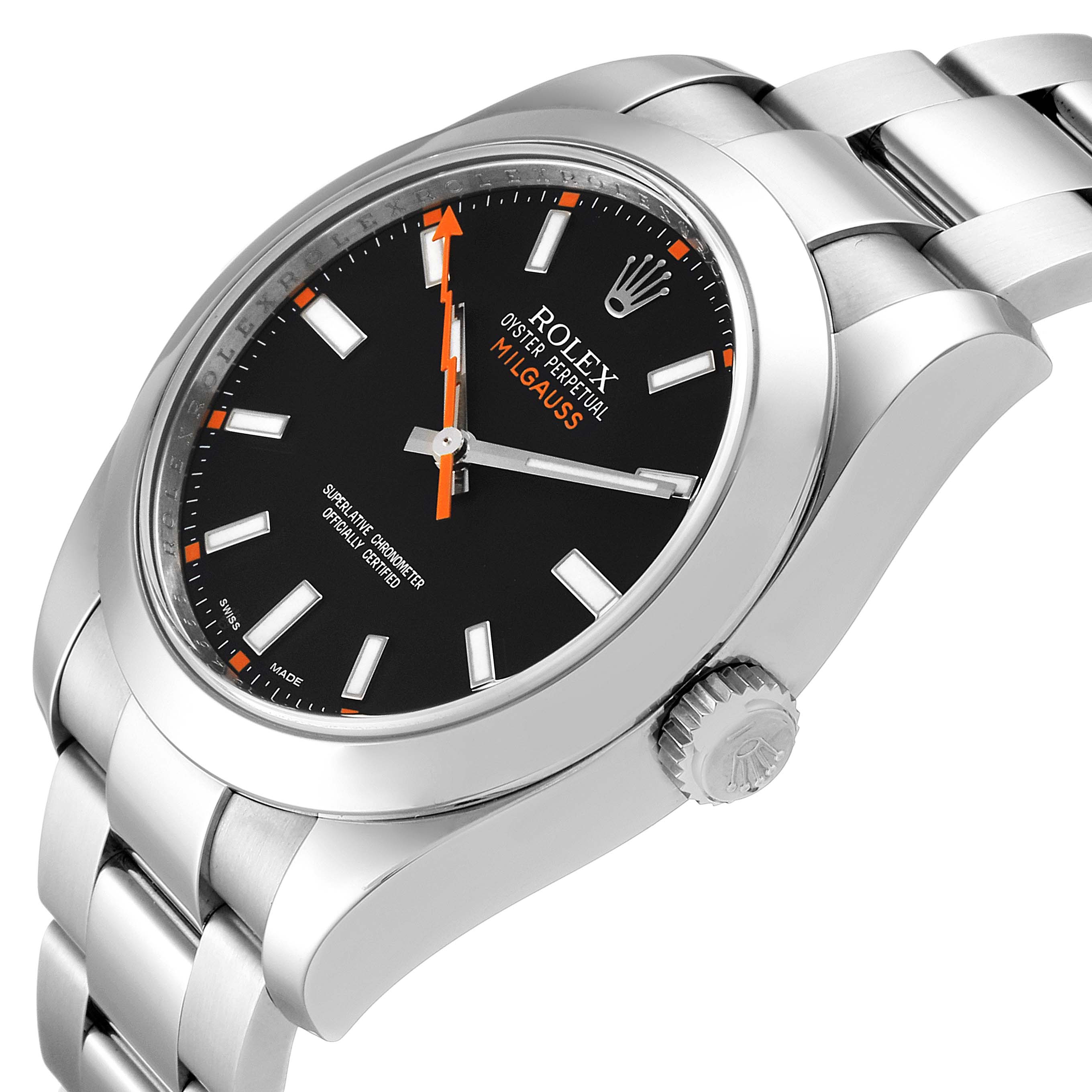 This Rolex Milgauss 116400 Men
s Stainless Steel Black Dial 116400 Men
s Stainless Steel Black Dial watch is shown from a side angle, highlighting the dial, bracelet, and crown.