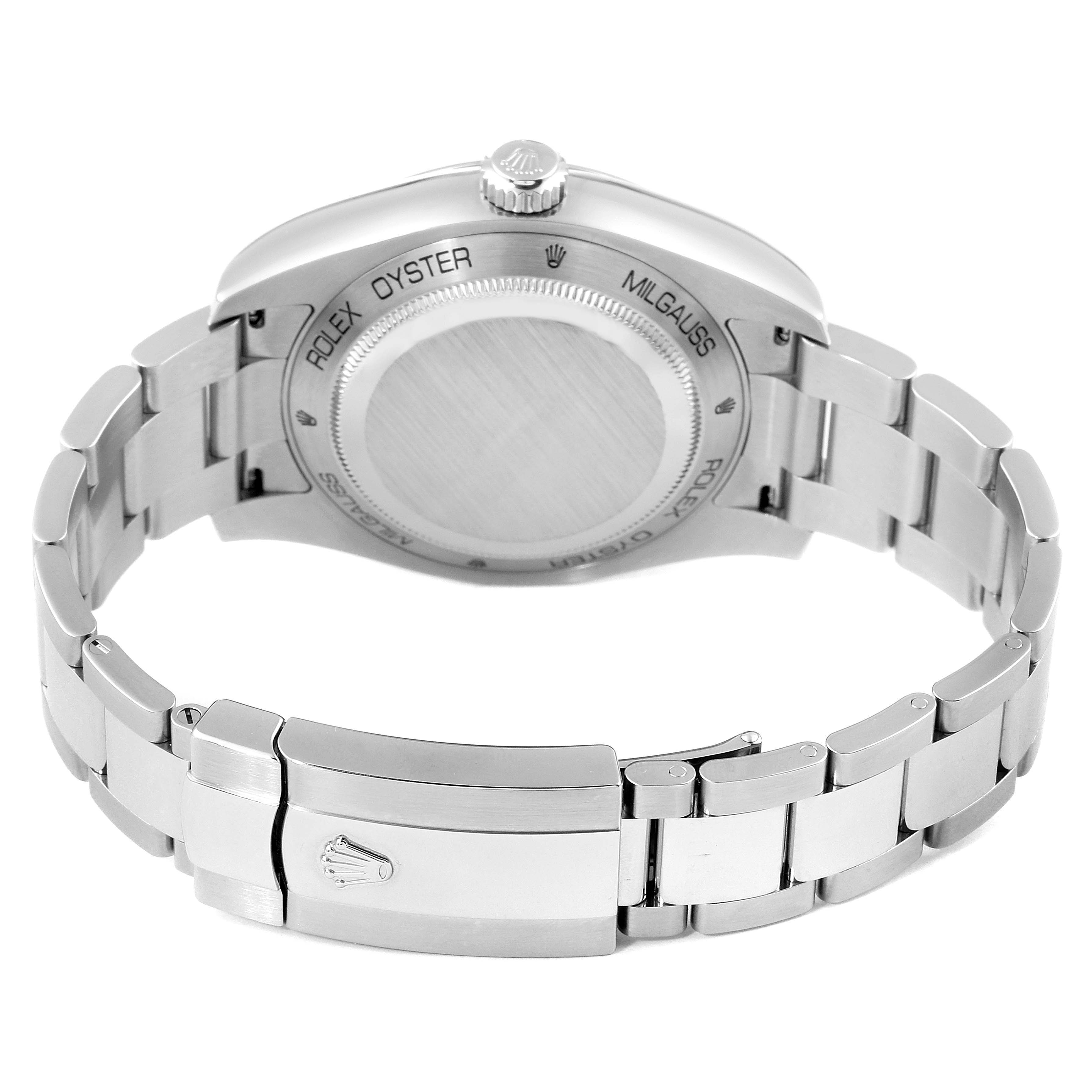 The image shows the back view of a Rolex Milgauss 116400 Men
s Stainless Steel Black Dial 116400 Men
s Stainless Steel Black Dial watch, highlighting its case back, bracelet, and clasp.