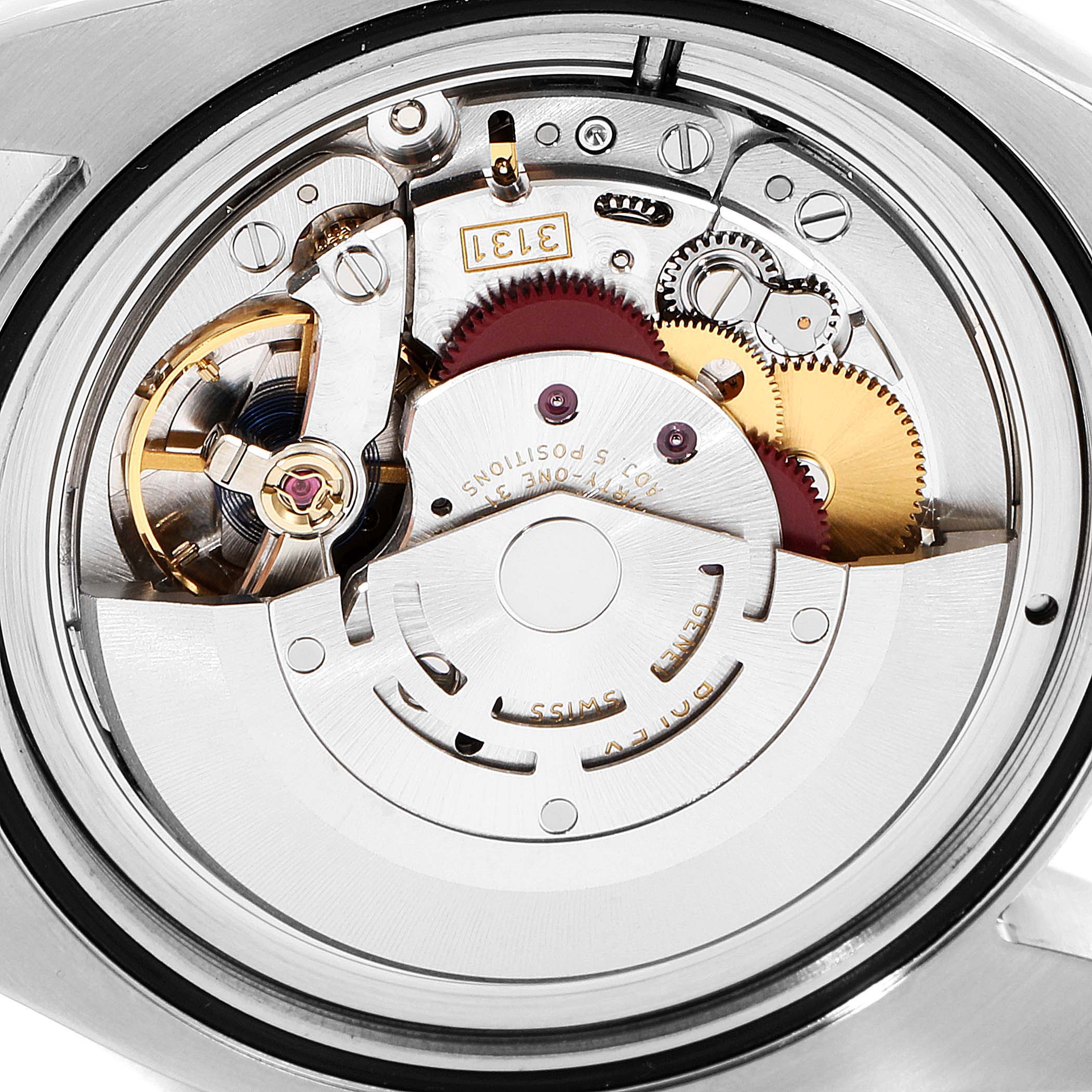 This is a close-up view of the Rolex Milgauss 116400 Men
s Stainless Steel Black Dial 116400 Men
s Stainless Steel Black Dial watch
s internal movement components.