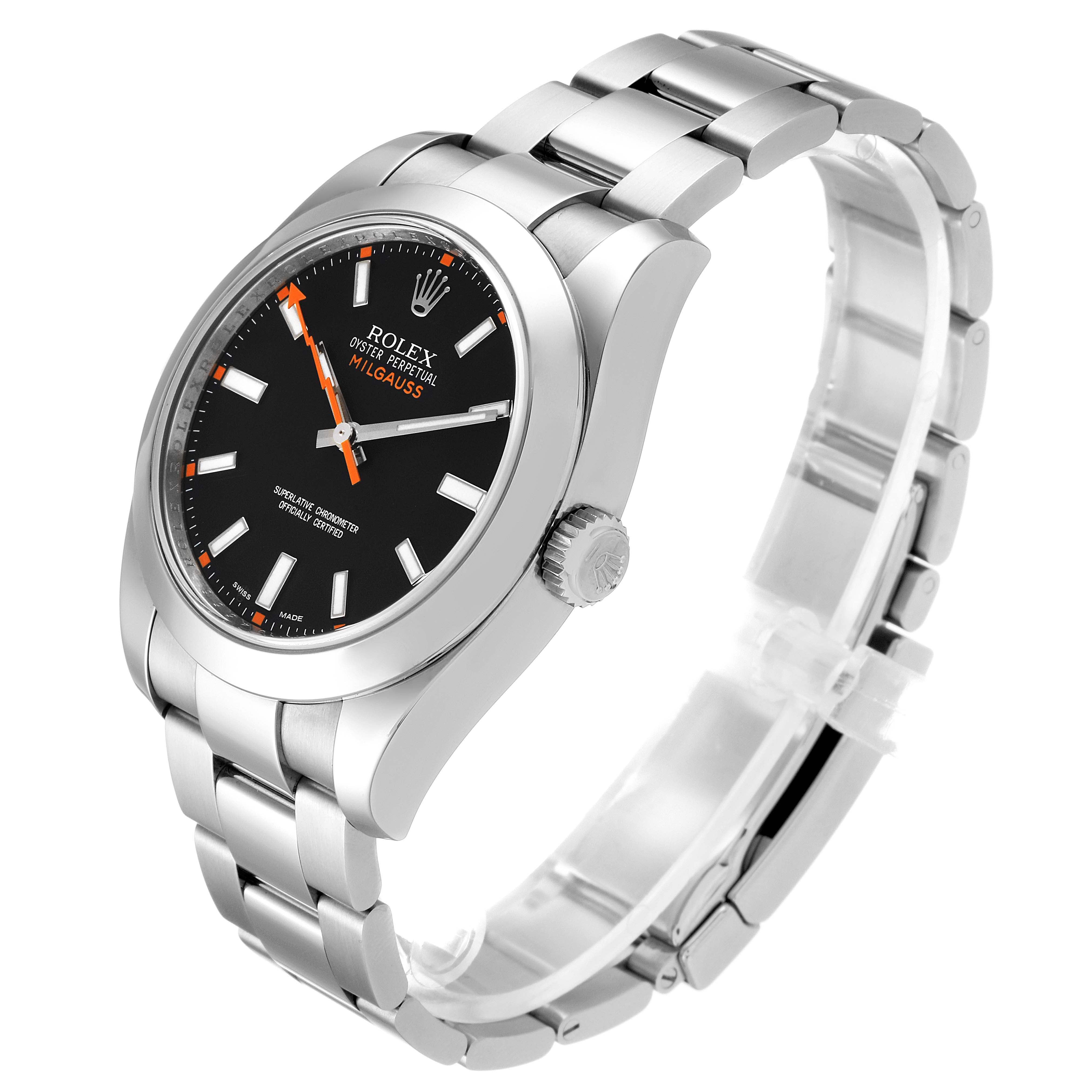 The Rolex Milgauss 116400 Men
s Stainless Steel Black Dial 116400 Men
s Stainless Steel Black Dial watch is shown at an angled side view, displaying its face, crown, and bracelet.